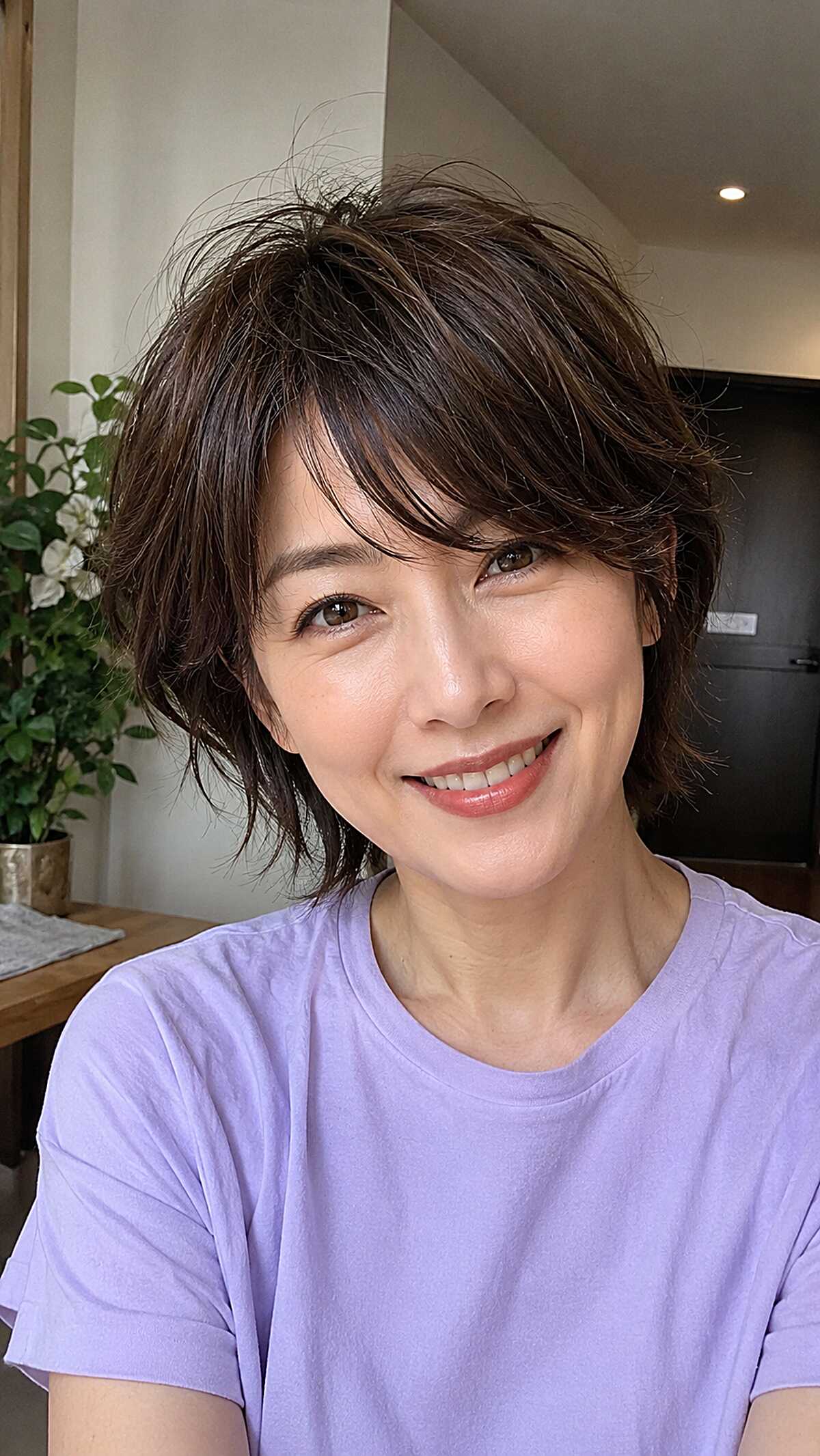 Soft brunette bixie with airy side-swept bangs