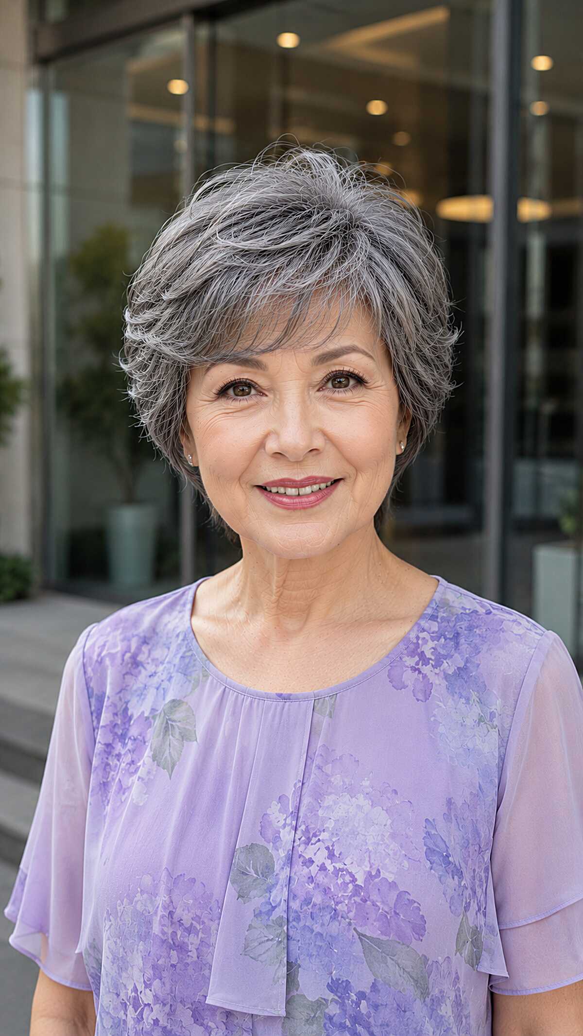 Soft layered gray pixie with gentle wave and volume