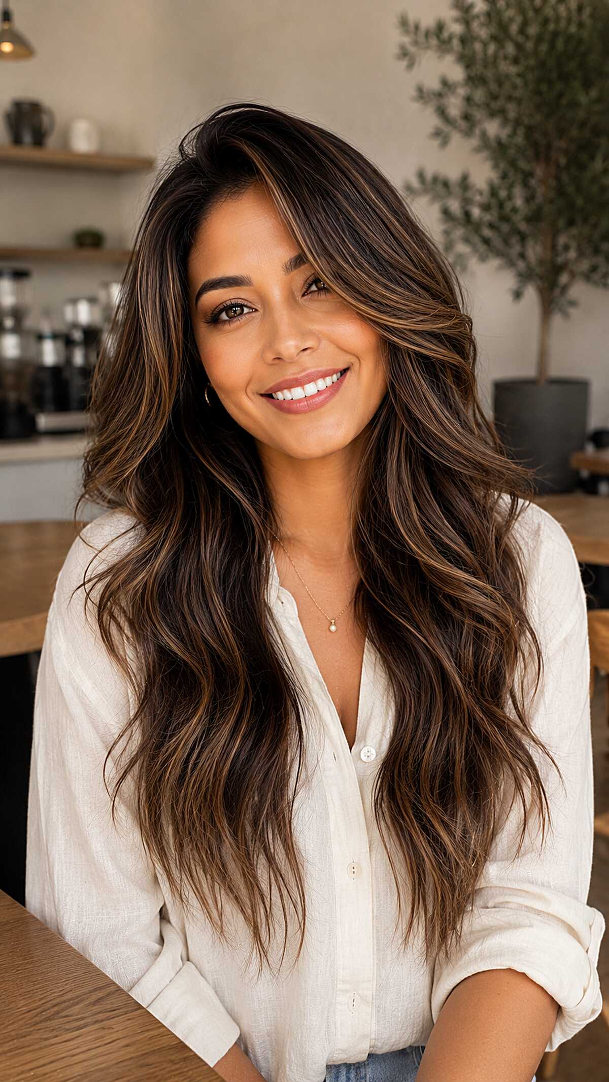 Subtle Caramel Threading on Waist-Length Dark Brunette