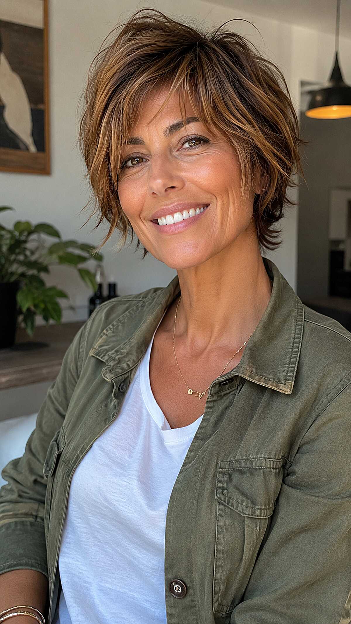 Caramel highlighted bixie shag with feathered ends