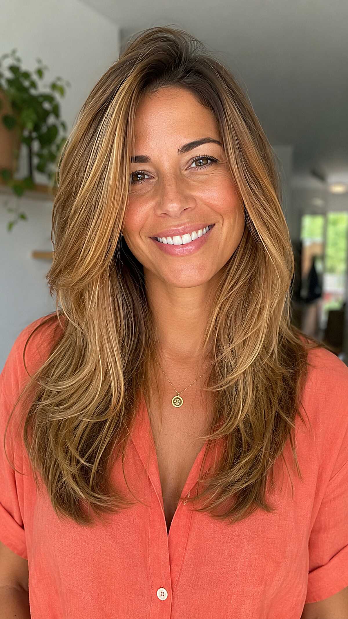 Sun-Warmed Strawberry Blonde with Long Curtain Layers