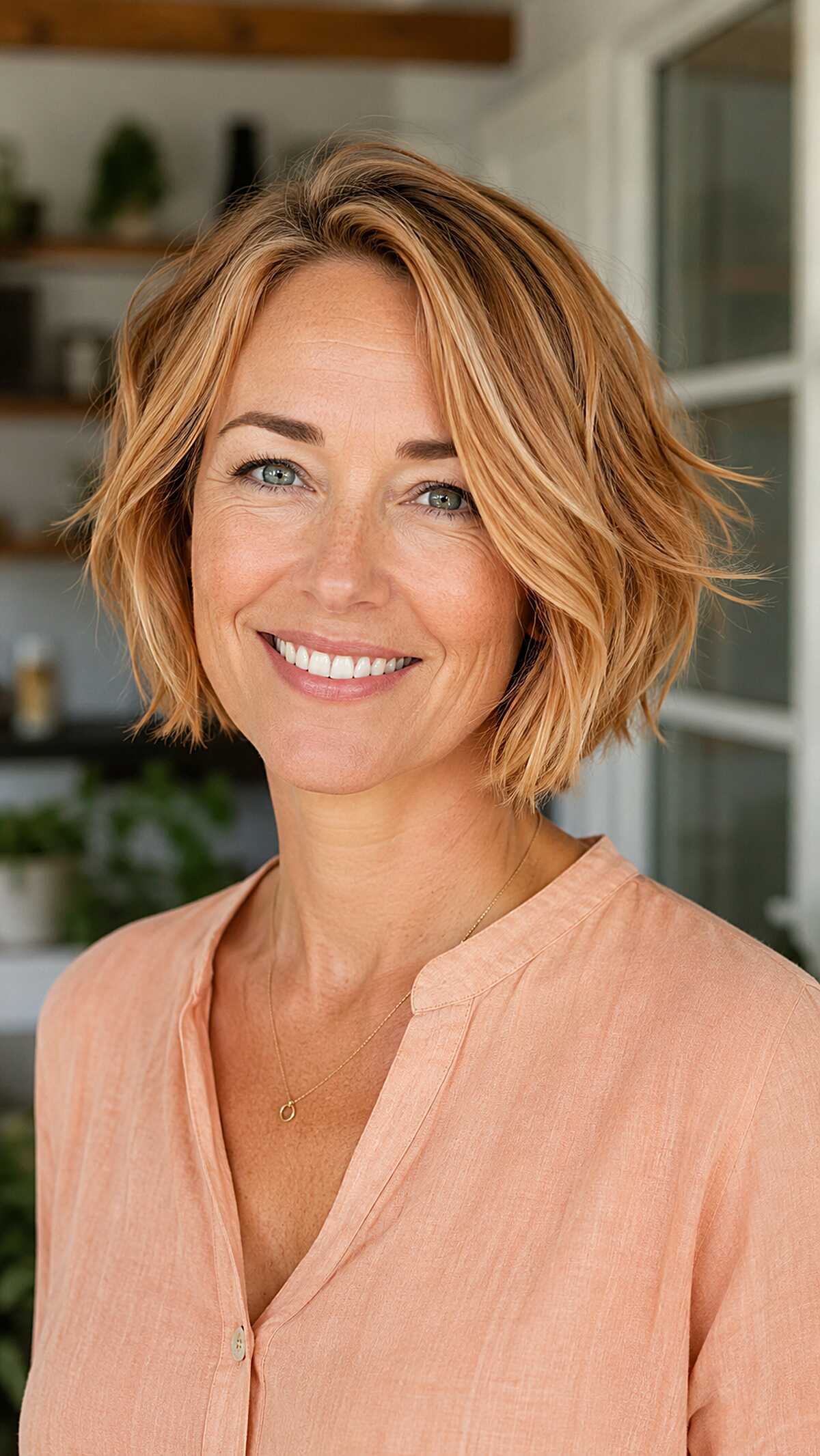 Textured Jaw-Length Bob with Peach-Toned Strawberry Balayage