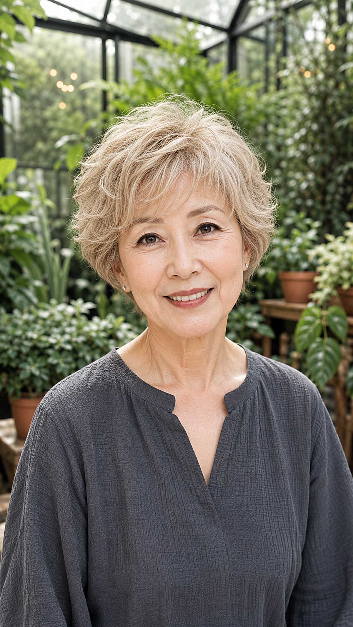 Tousled ash blonde short pixie with soft waves