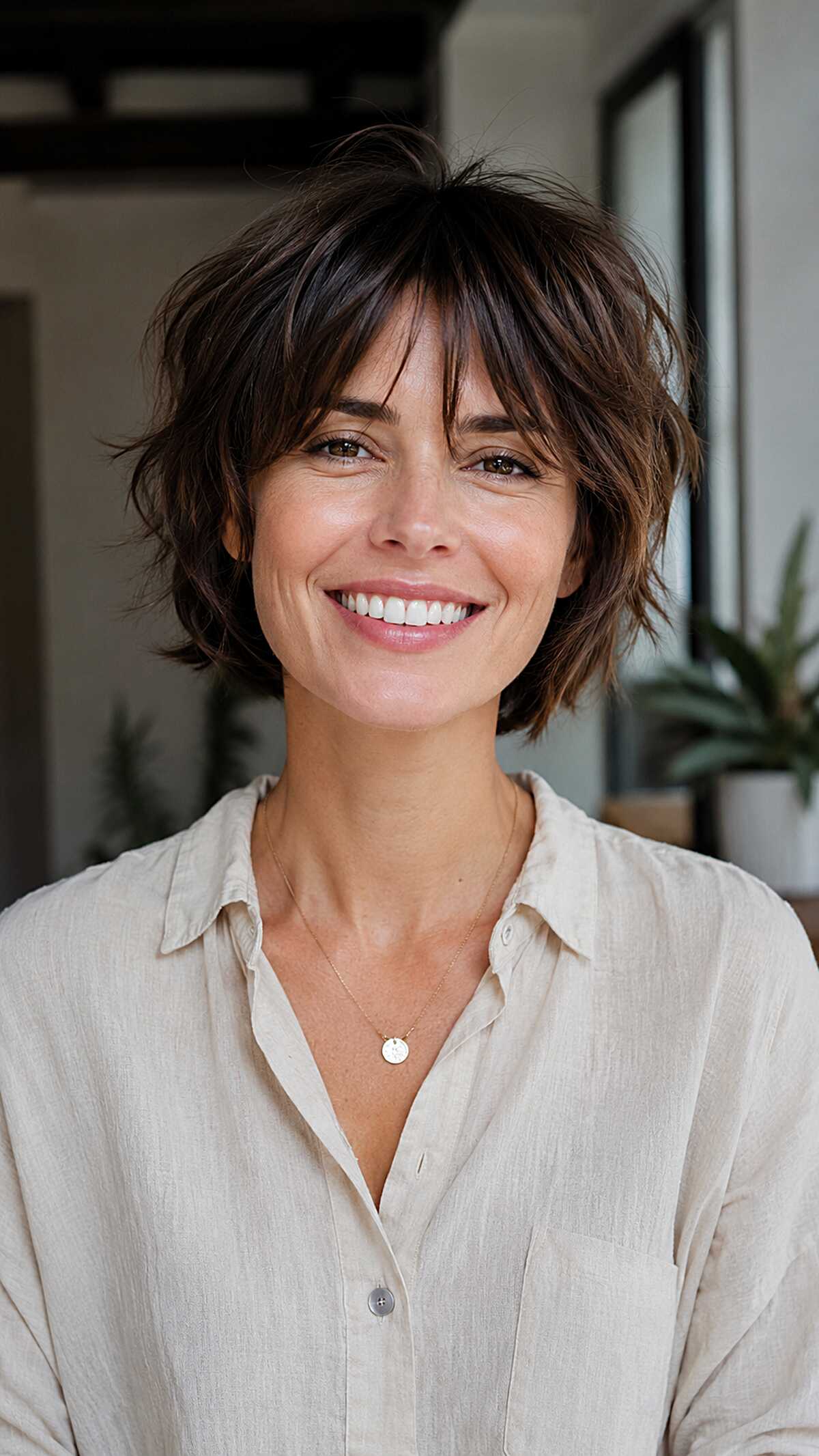 Tousled dark brunette bixie shag with wispy bangs