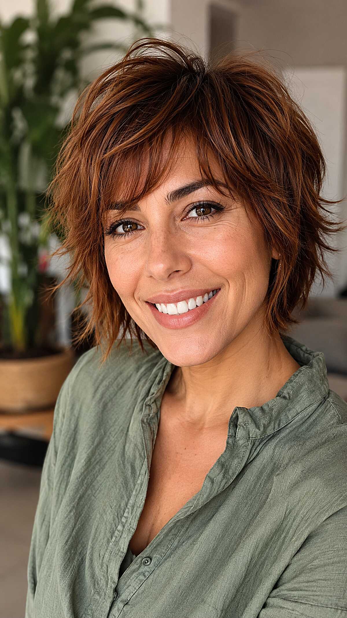 Warm auburn bixie shag with copper highlights