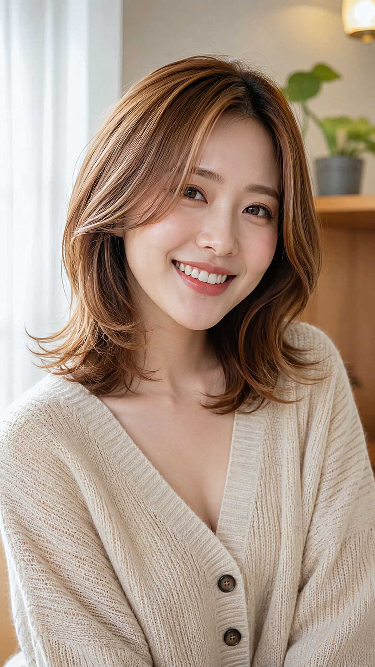 Warm Copper Balayage on a Flipped Shoulder-Length Layer Cut