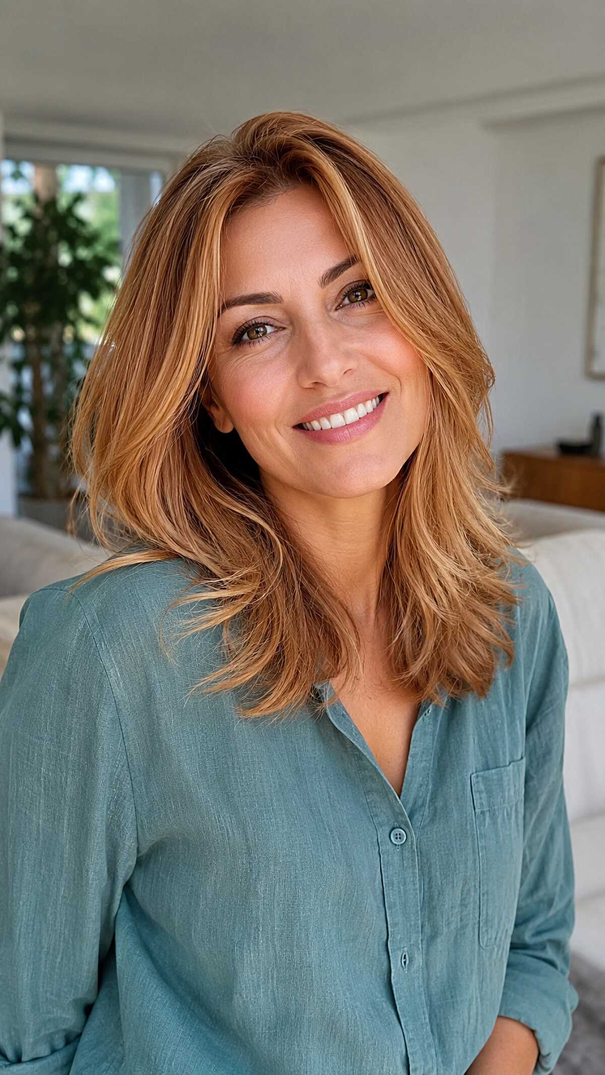 Warm Copper-to-Blonde Balayage on a Feathered Medium Cut