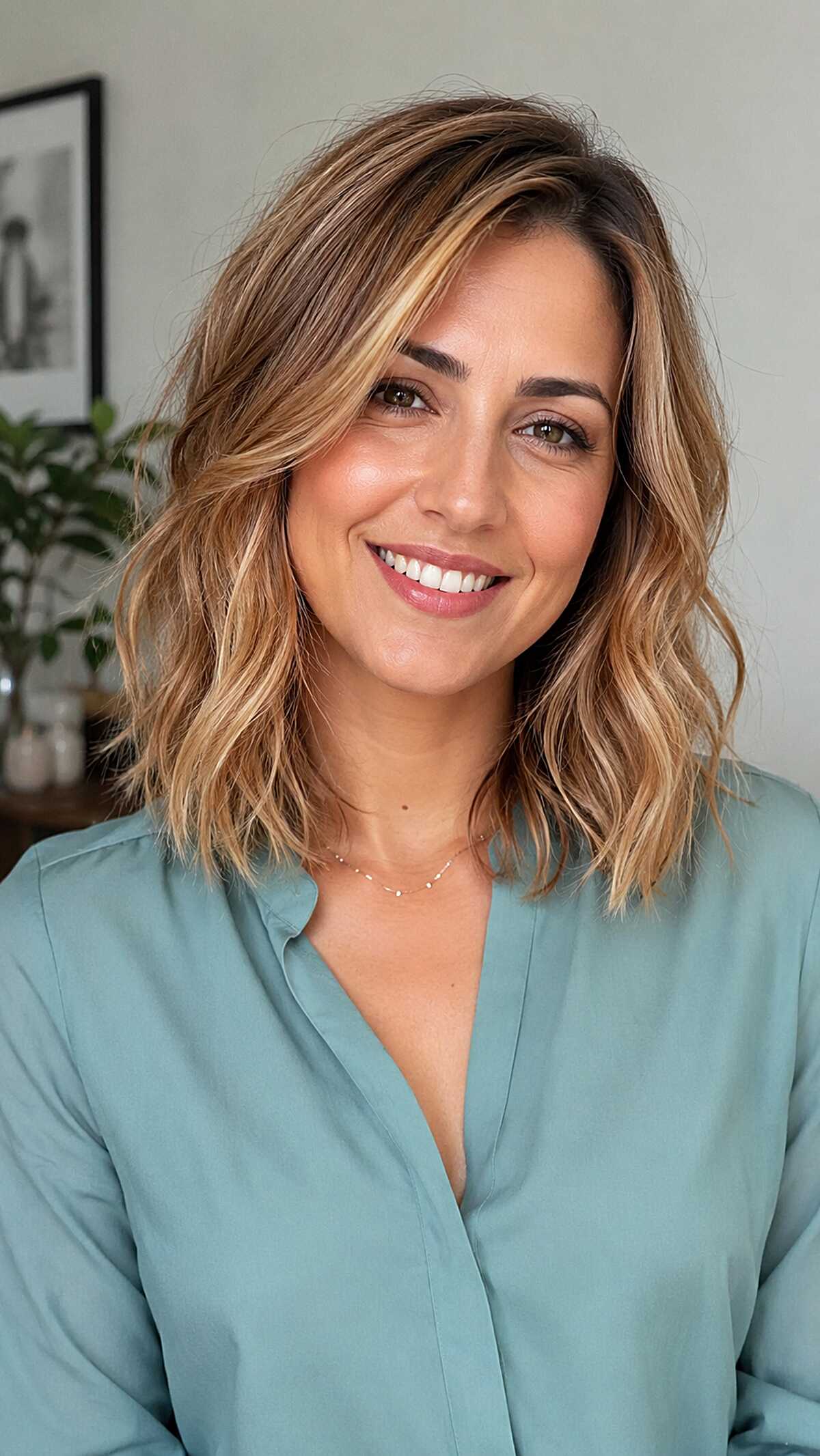Warm Golden Strawberry on a Loose, Waved Collarbone Cut