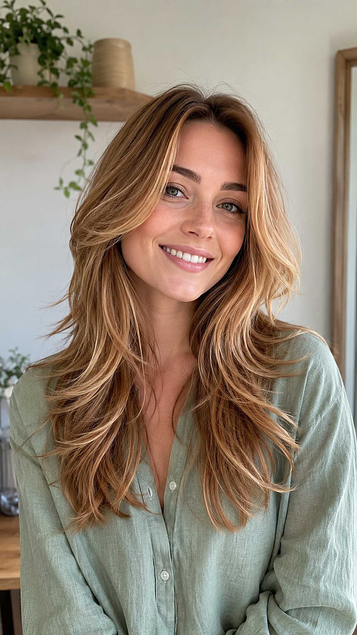 Warm Honey-Copper Balayage on Voluminous Butterfly Layers