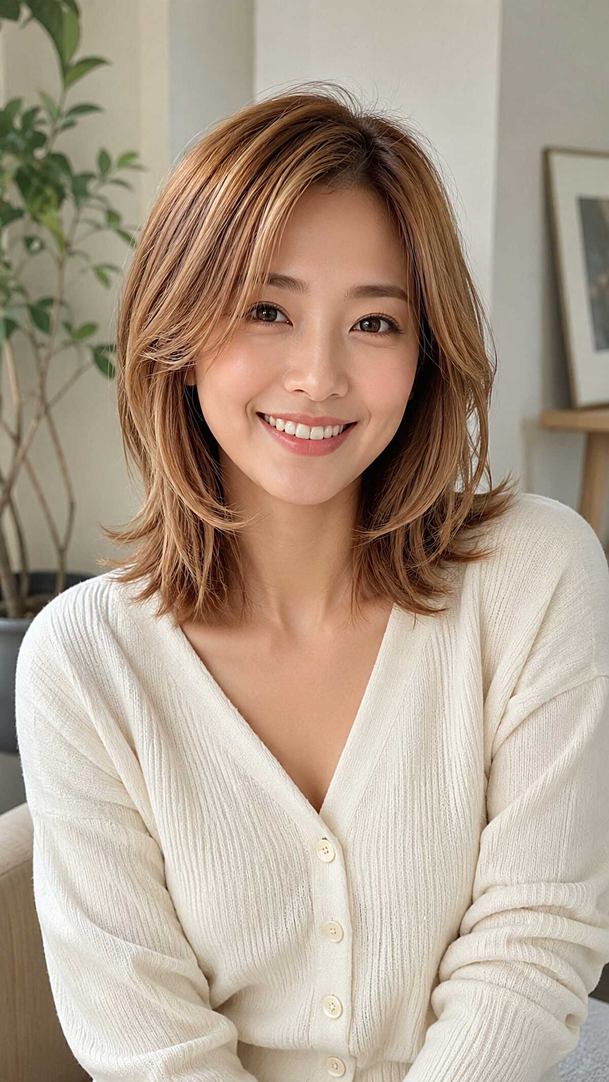 Warm Strawberry Blonde Balayage on a Layered Lob