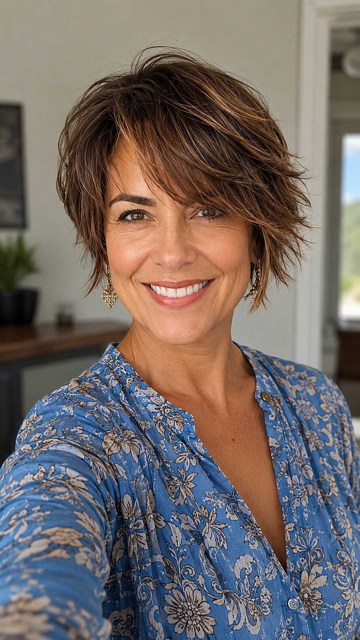 Windblown brunette bixie with chunky highlights