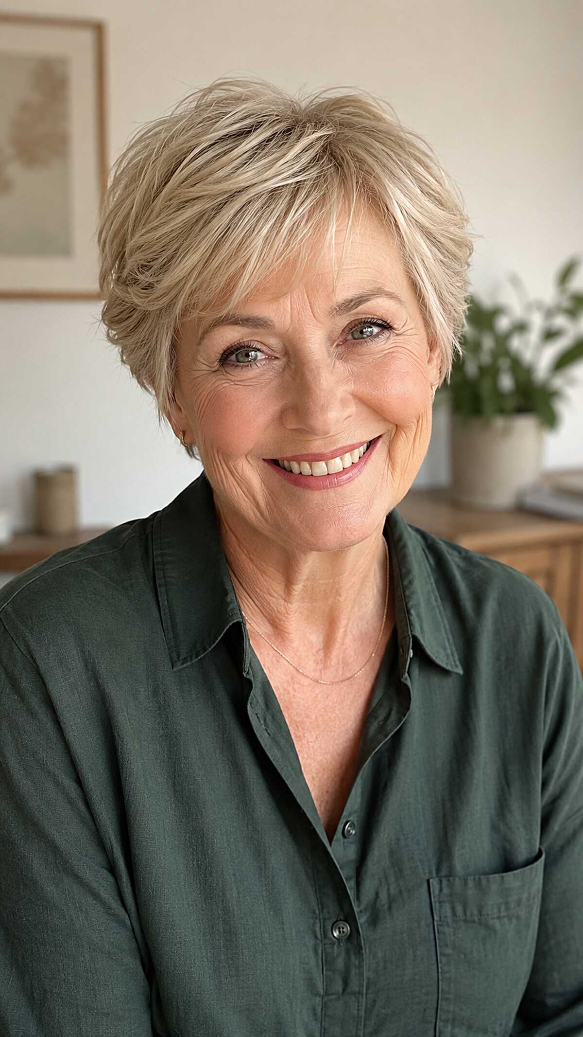 Ash Blonde Layered Pixie with Directed Crown Movement