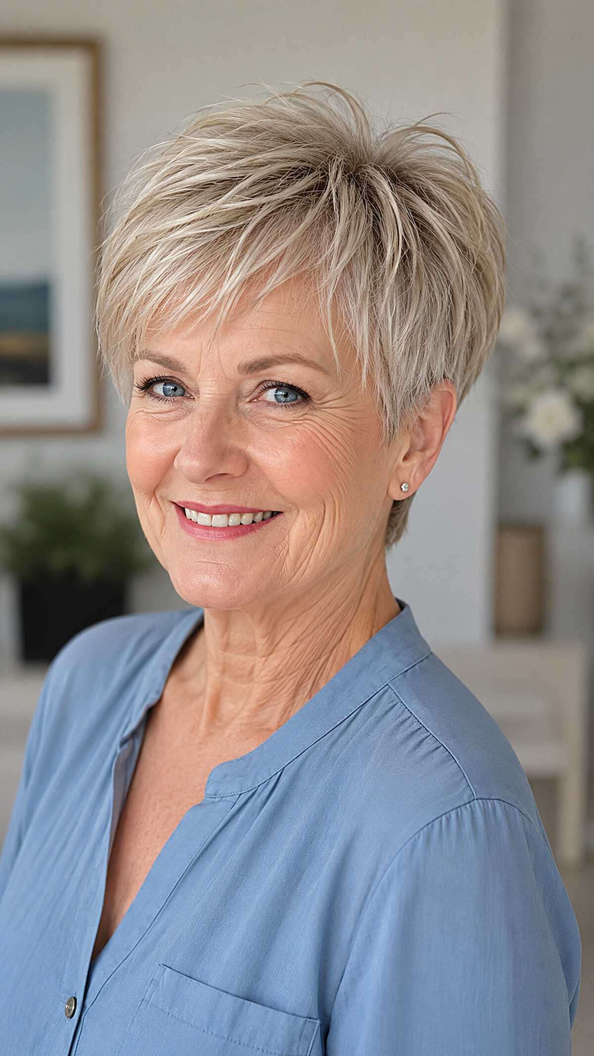 Ash Blonde Razored Pixie with Forward-Swept Fringe