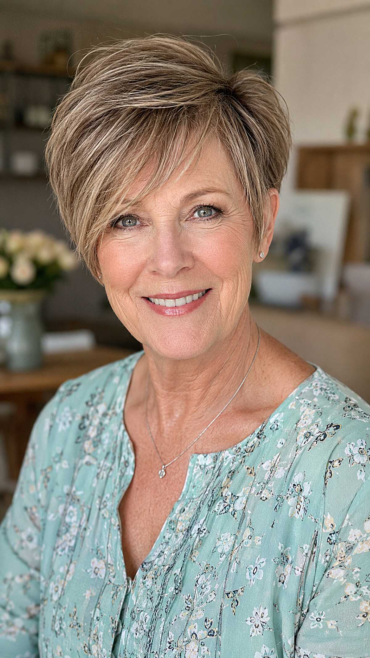Ash brunette pixie with long side-swept bangs