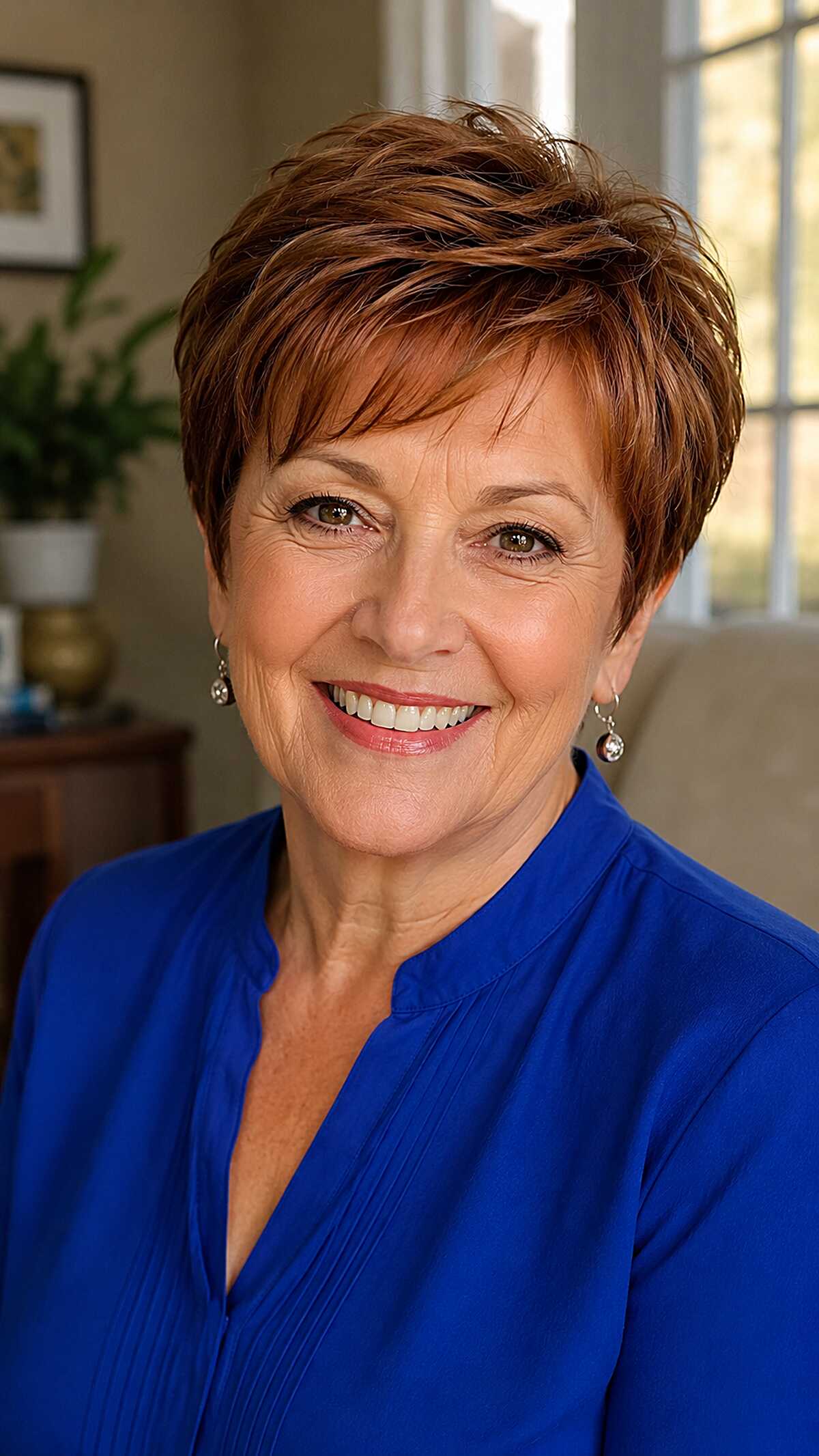 Auburn pixie with copper highlights and lifted crown