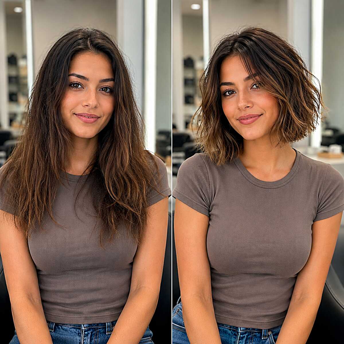 Before and after long to short wavy beach bob transformation