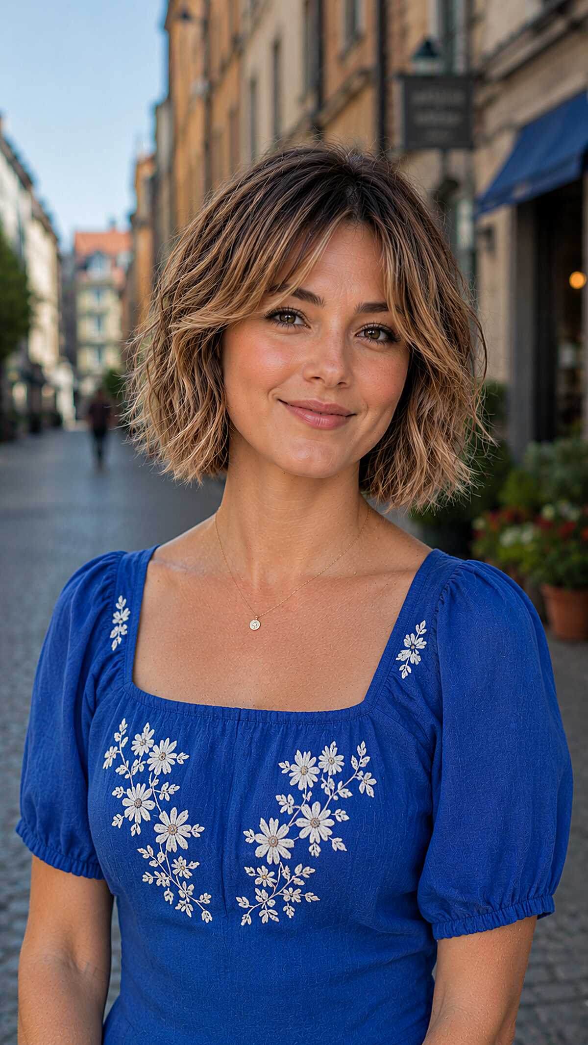 Chin-length wavy bob with bangs and warm balayage ends