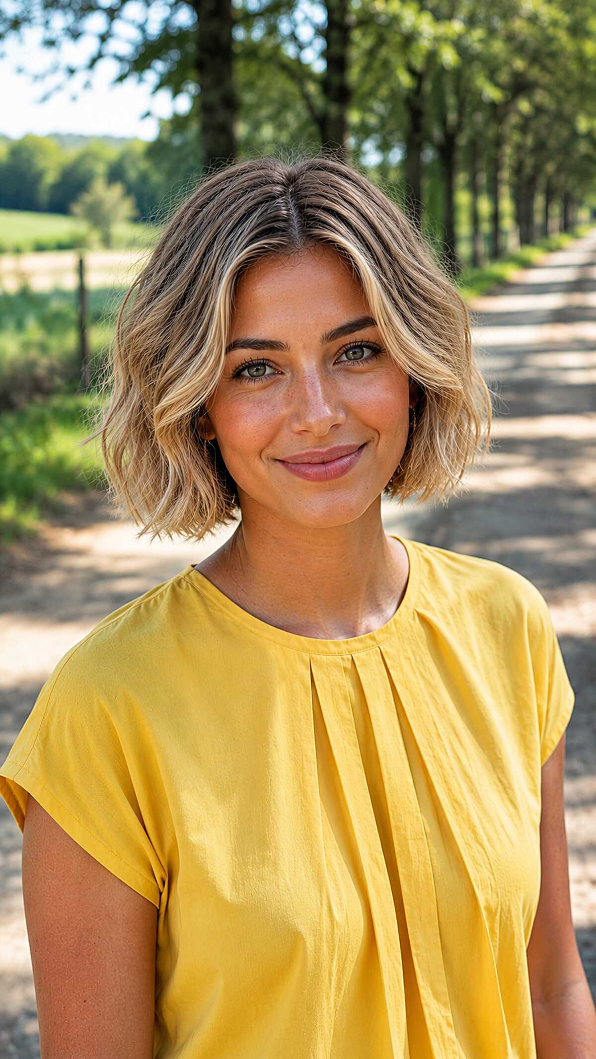 Short wavy bob with dark roots and golden blonde balayage