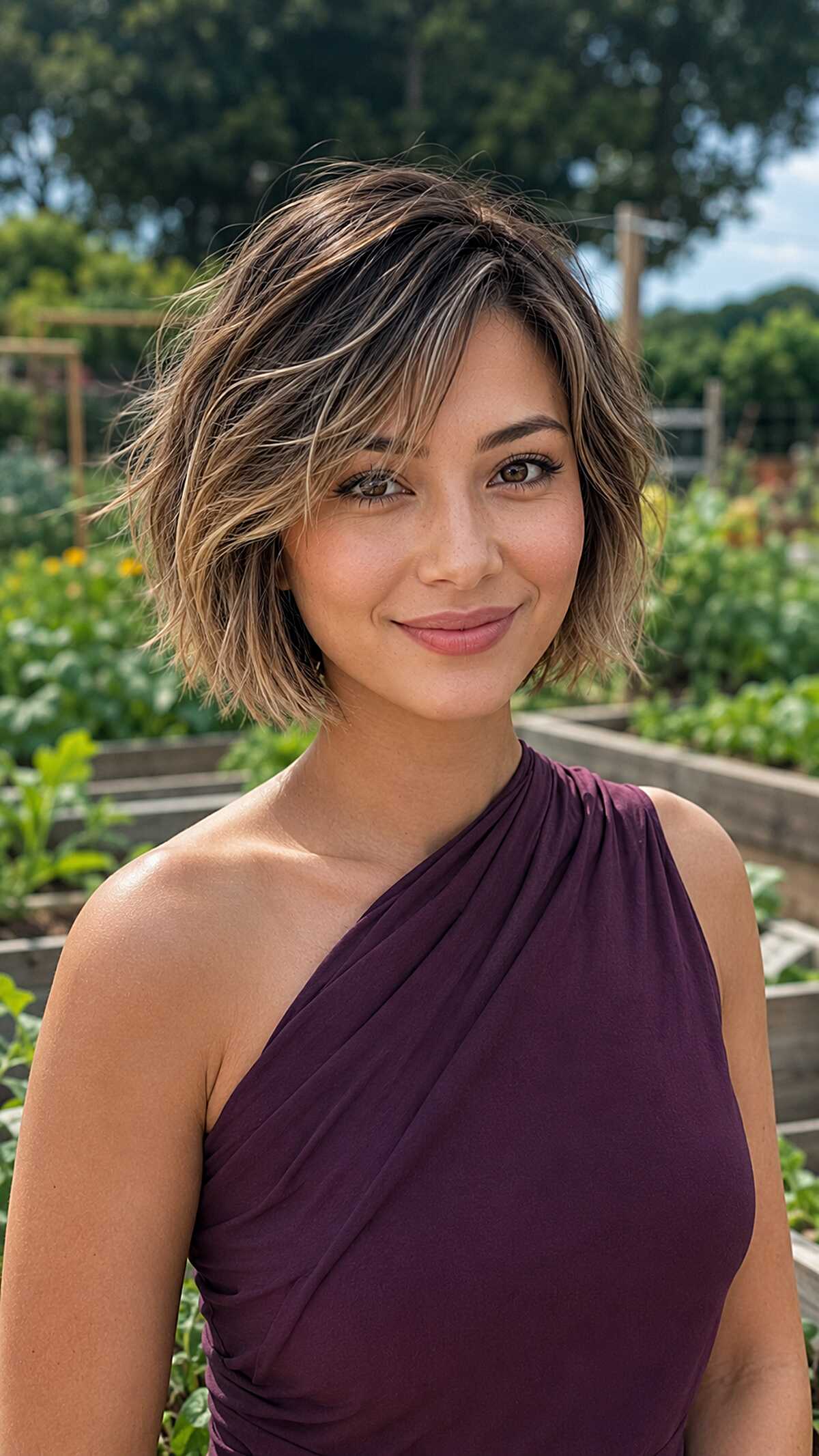 Short textured bob with blonde highlights and side part