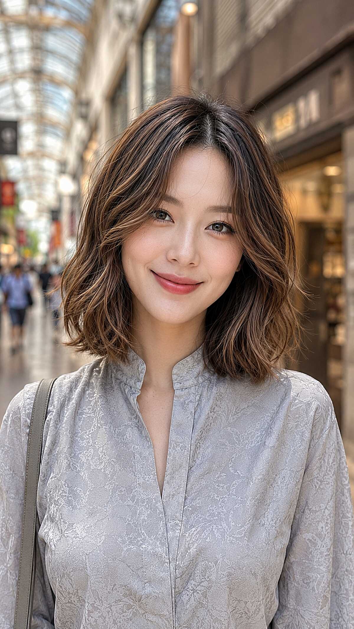 Shoulder-length wavy dark brown bob with subtle highlights