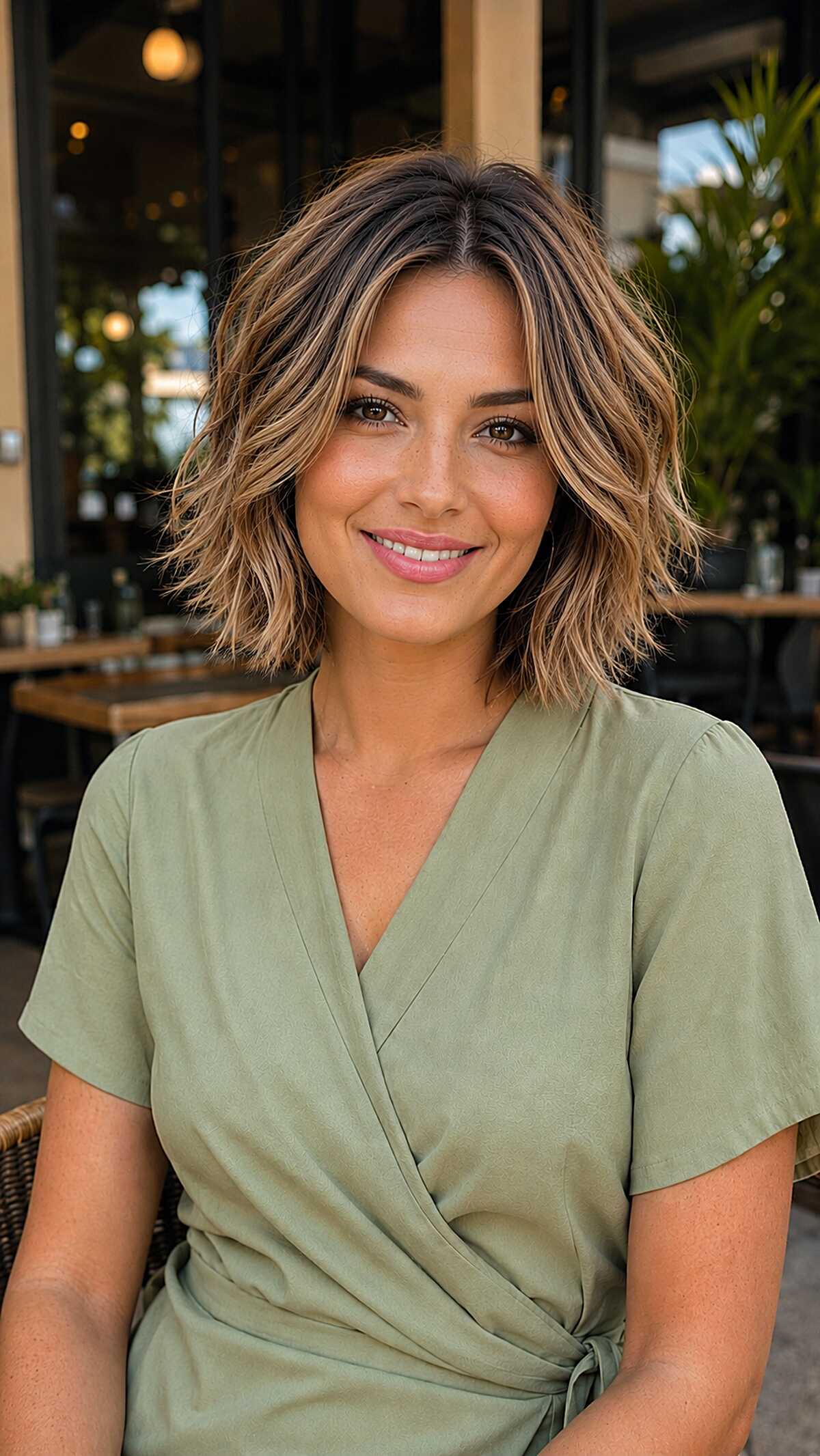 Chin-length wavy brunette bob with warm golden highlights