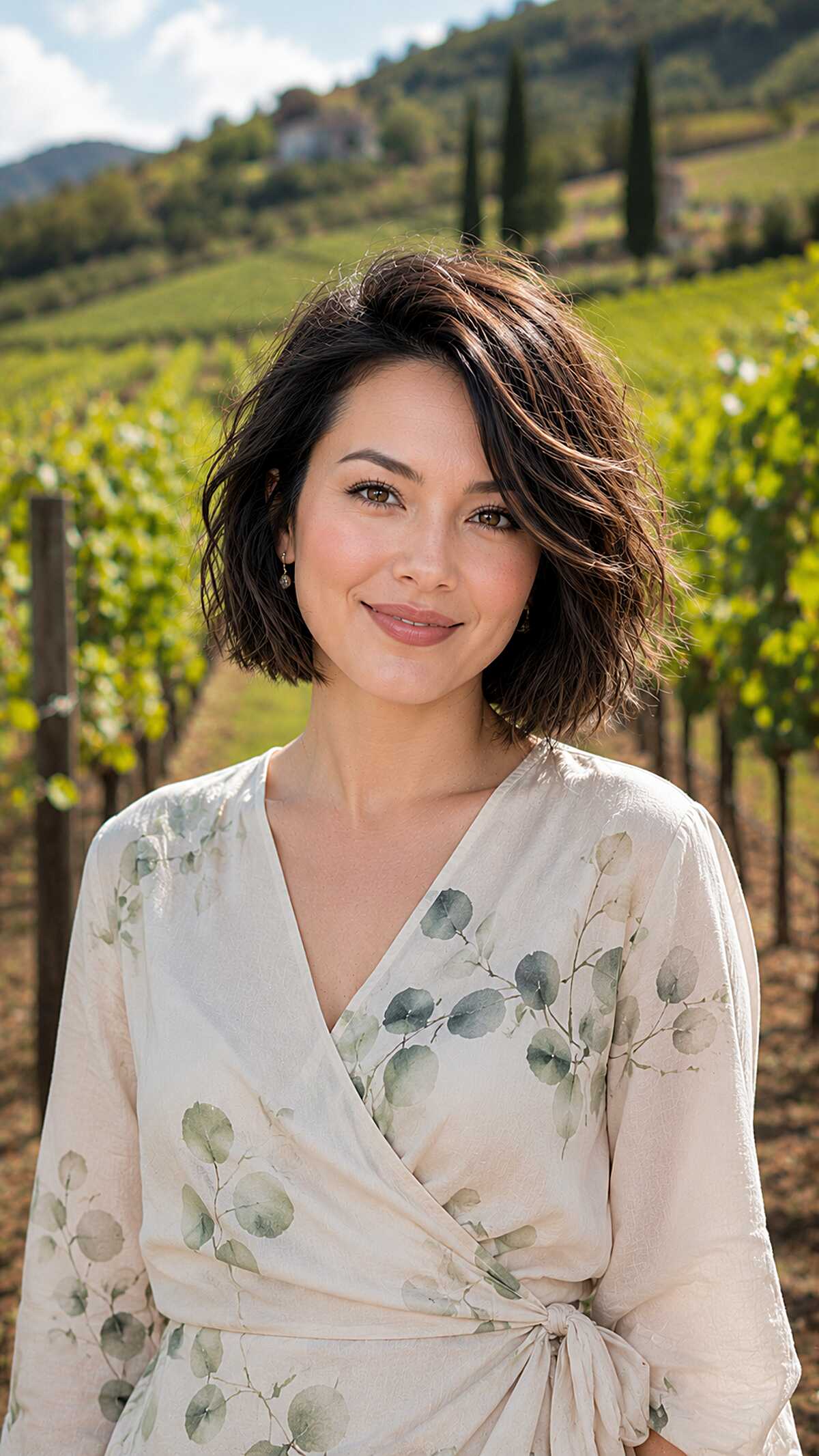 Dark brunette chin-length bob with tousled windswept layers