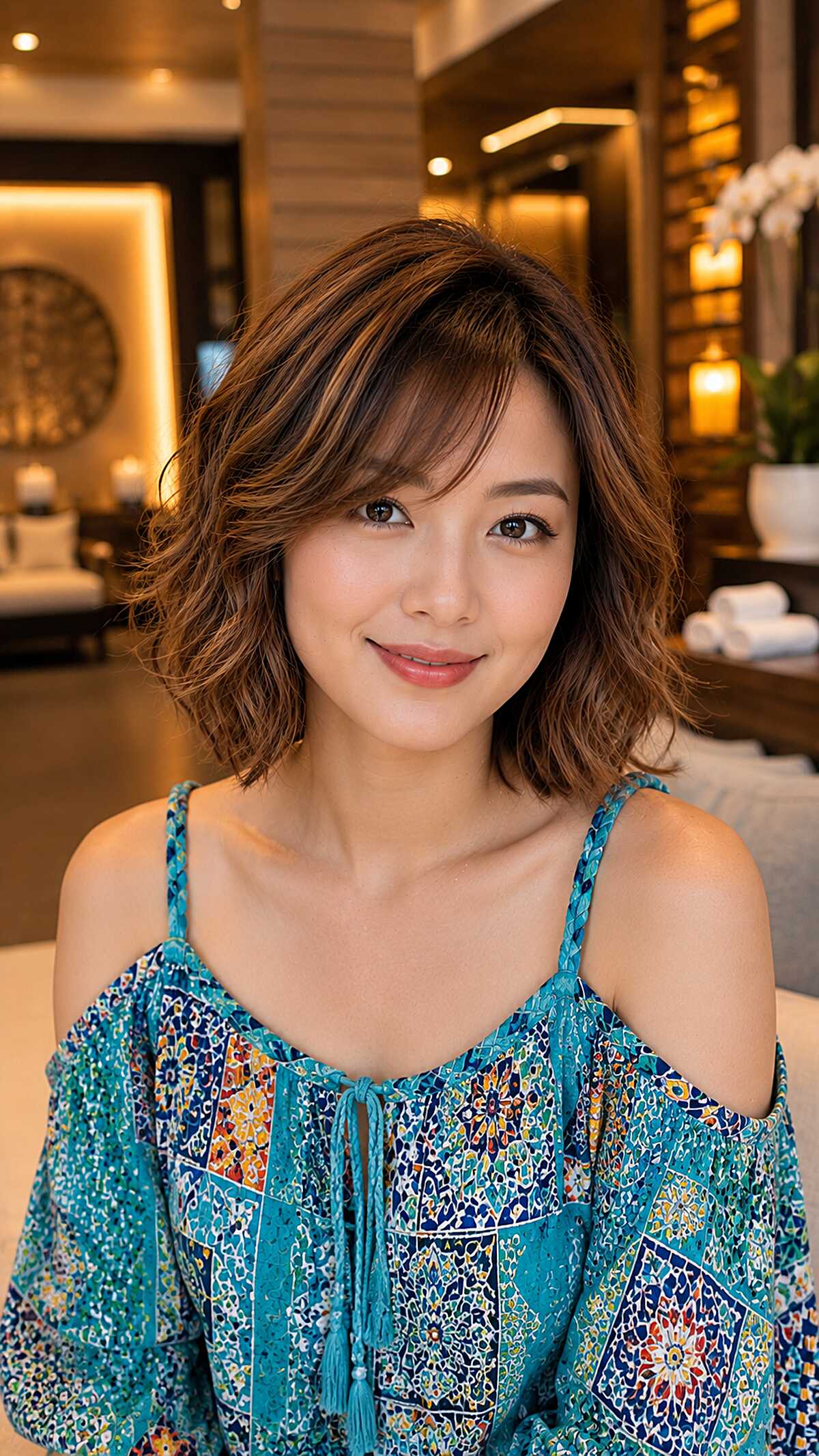 Wavy chin-length brown bob with soft side-swept bangs