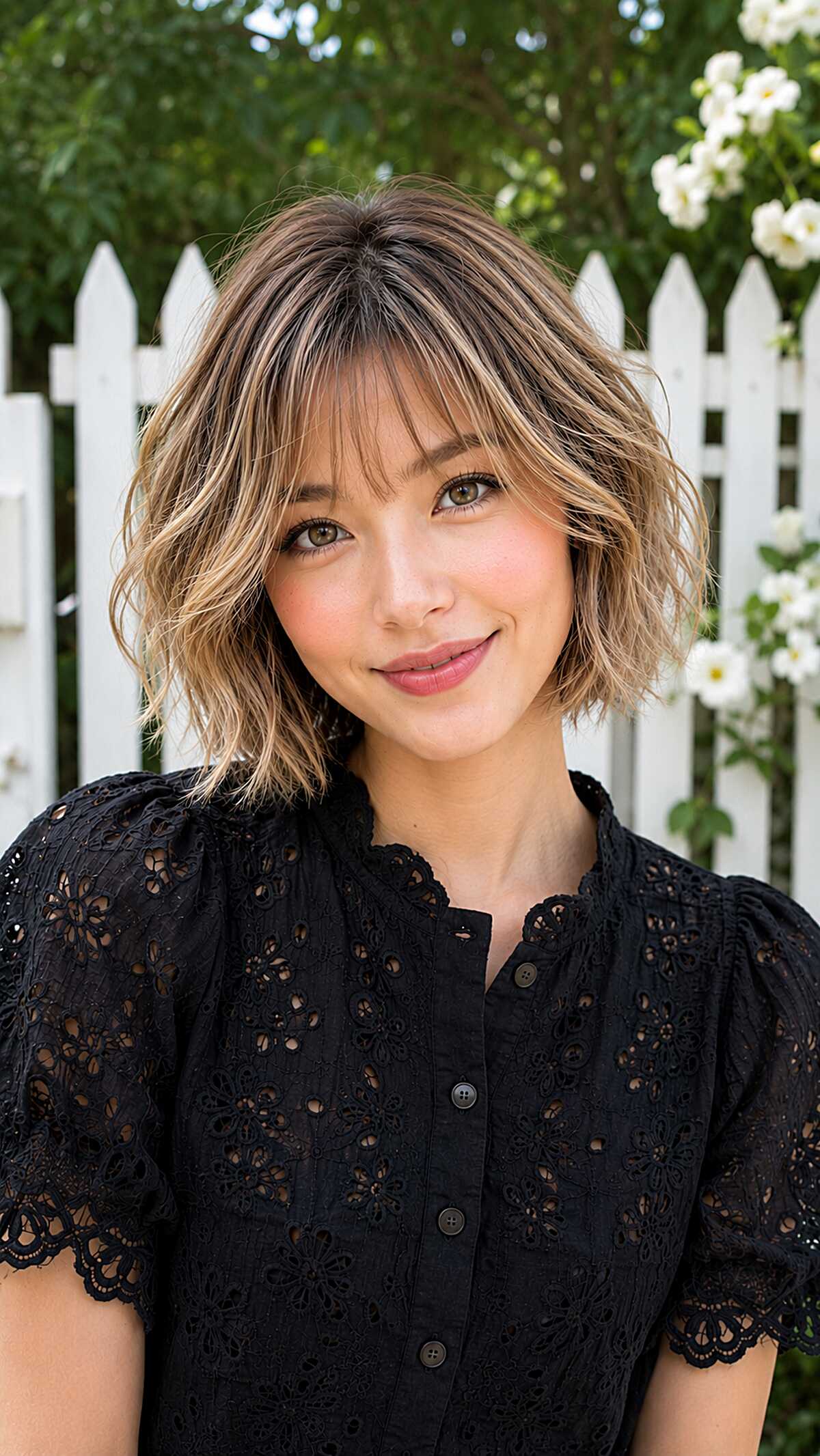 Wavy bob with wispy curtain bangs and blonde highlights