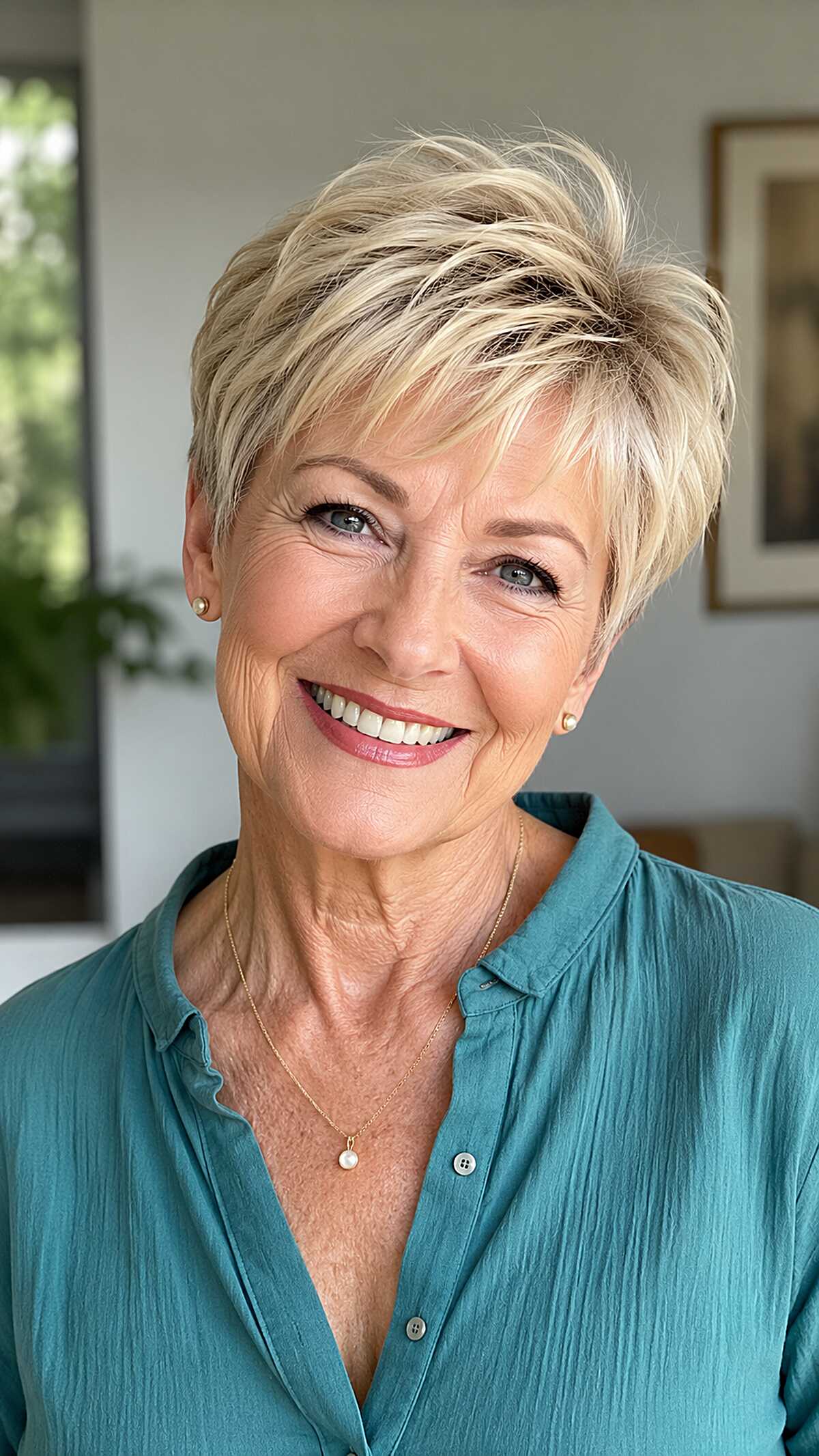 Bright platinum blonde pixie with swept-back layers