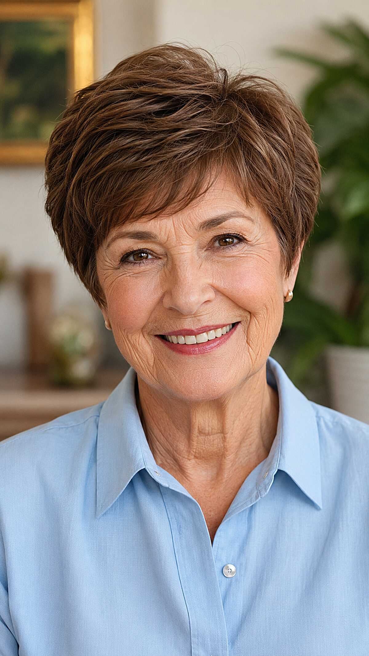Brunette Layered Pixie with Textured Crown and Soft Sides
