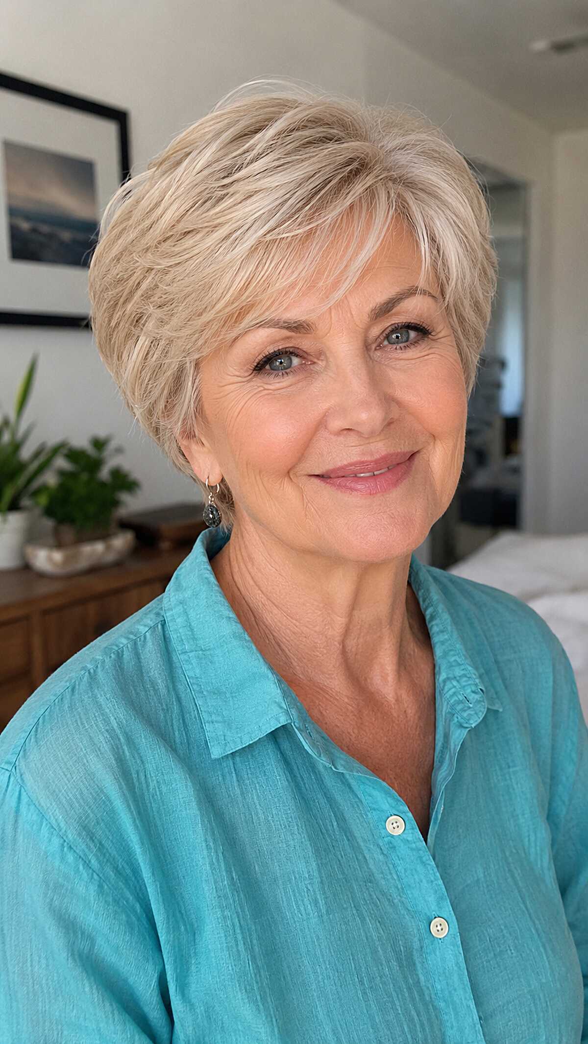 Champagne Blonde Pixie with Layered Crown and Wispy Sideburn Detail