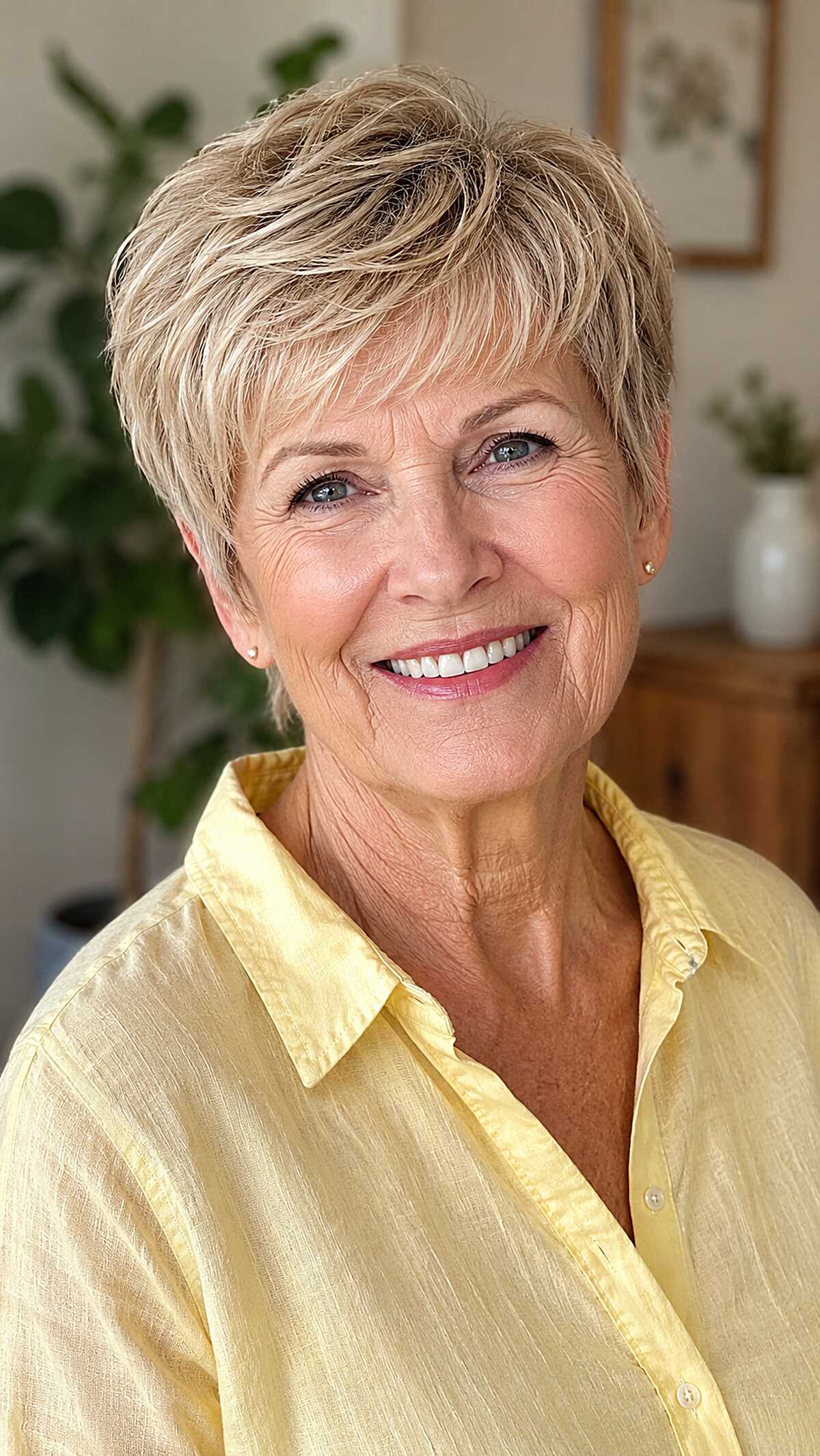 Champagne blonde pixie with wispy piecey layers