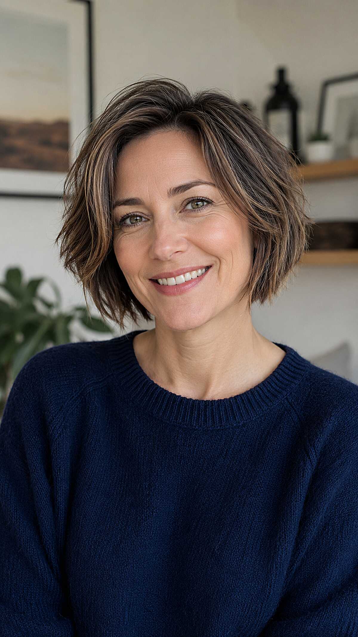 Chin-Grazing Brunette Bob with Razored Interior Layers and Subtle Warmth