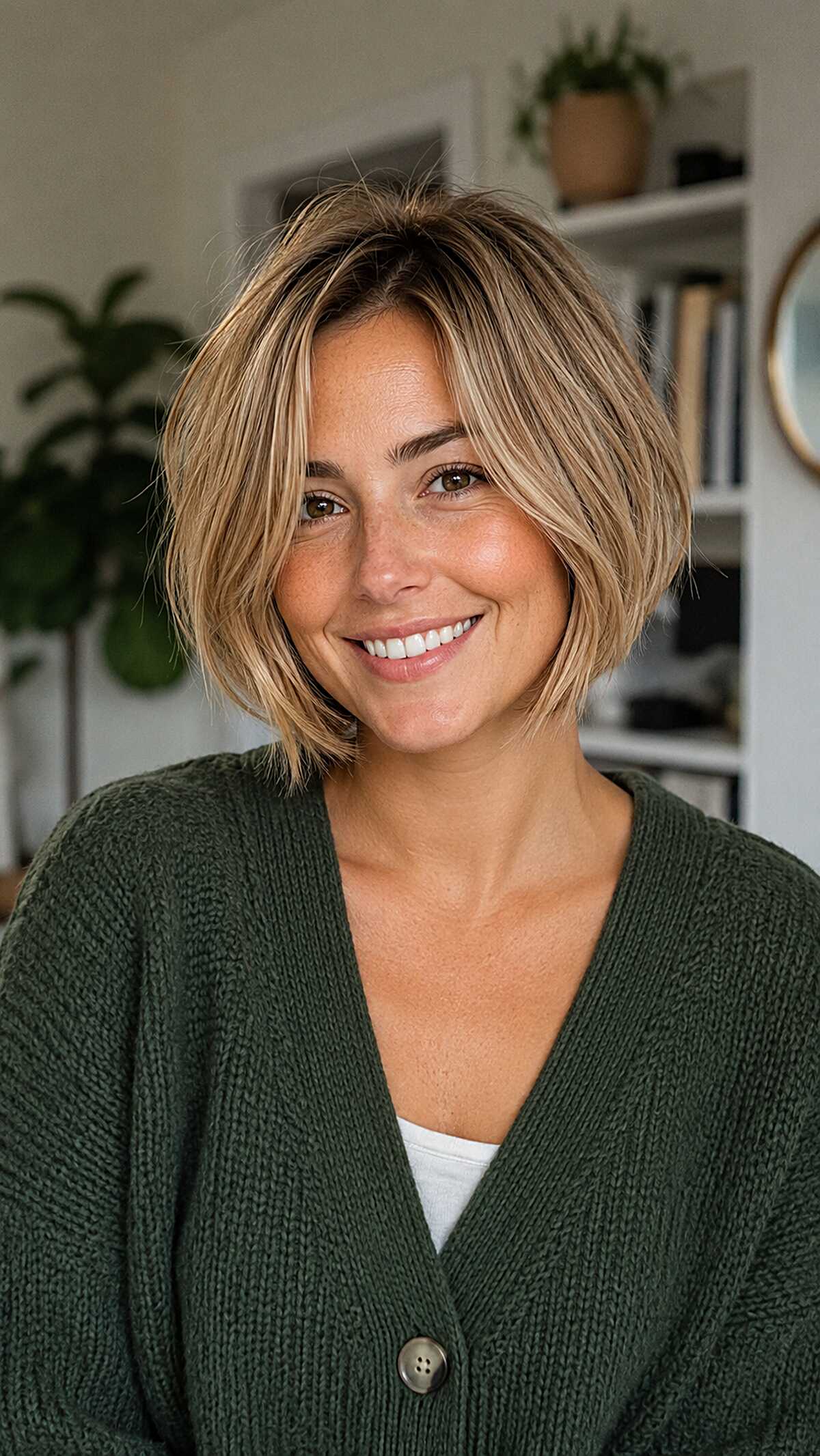 Chin-Length Dirty Blonde Bob with Piece-y Separation and Grown-Out Root