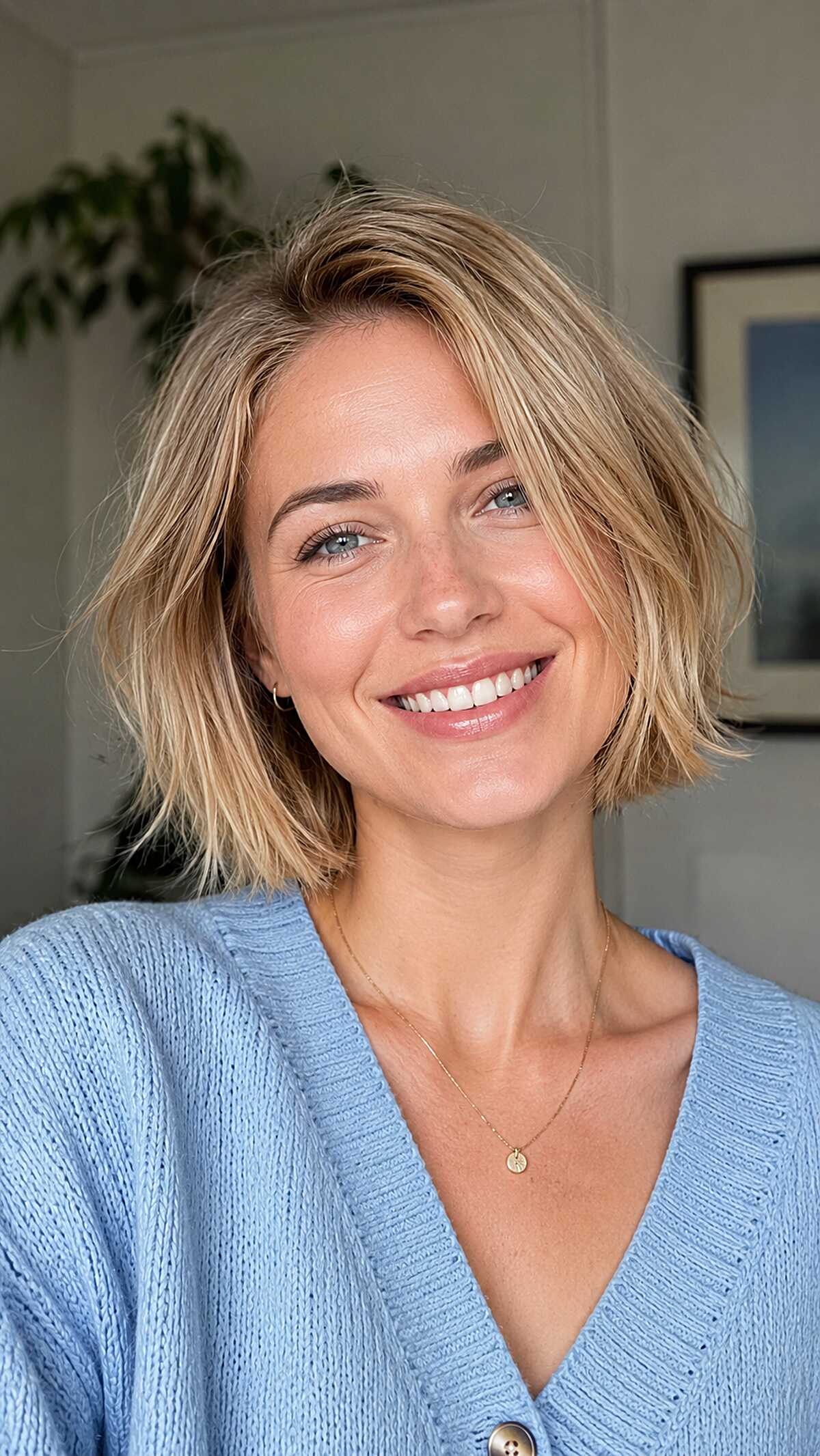 Choppy Blonde Bob with Piece-y Ends and Natural Root
