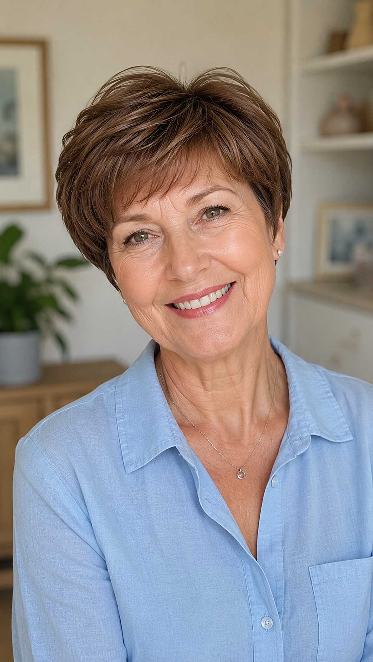 Classic brunette pixie with side-sweeping layers