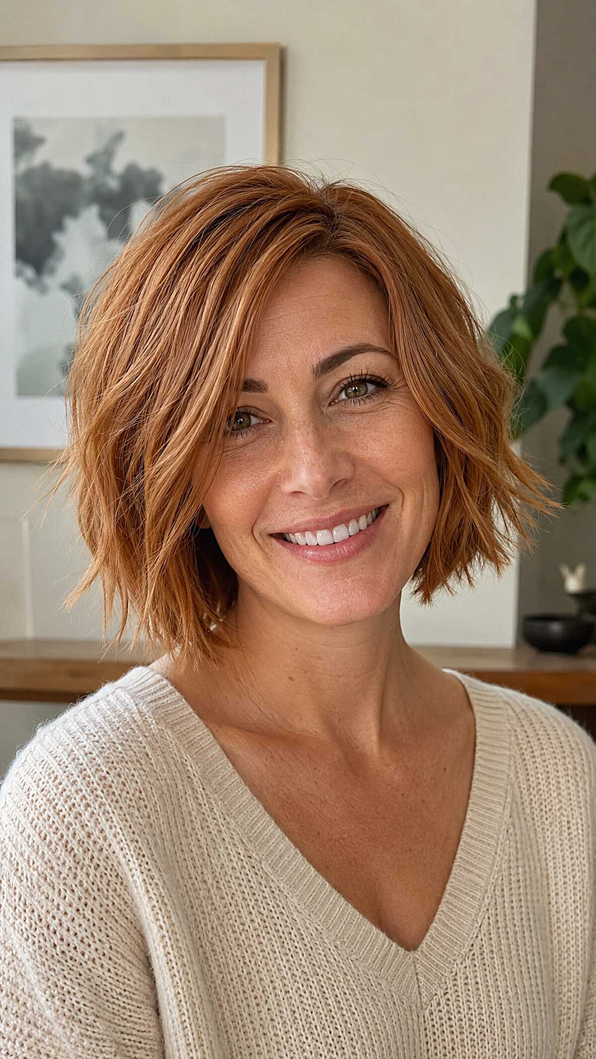 Copper Jaw-Length Bob with Razored Texture and Soft Side Sweep