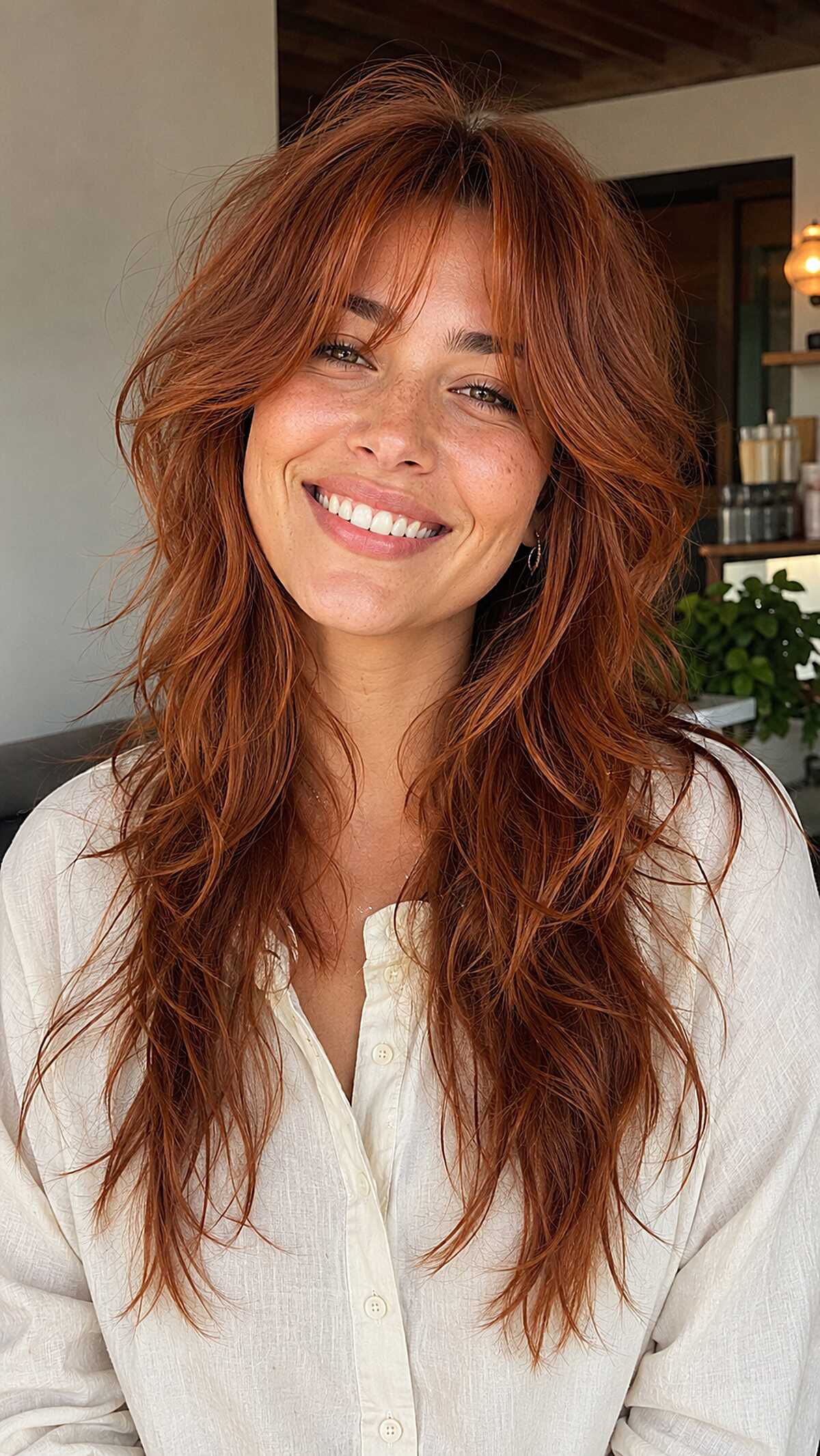 Copper Red Wolf Cut with Shaggy Layers and Grown-Out Bangs
