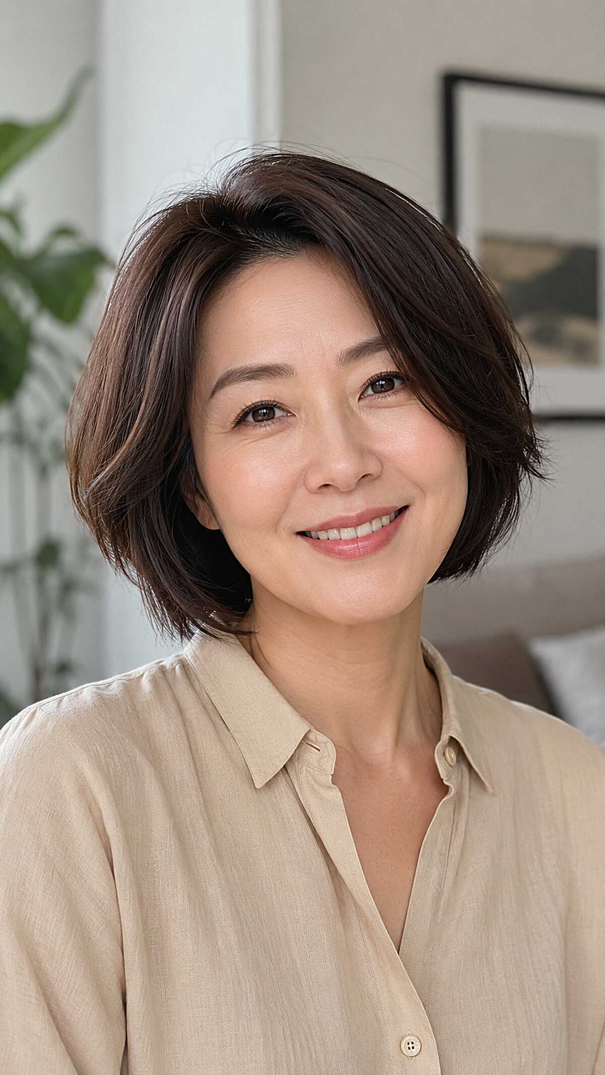 Dark Brunette Boyfriend Bob with Swept Layers and Natural Volume