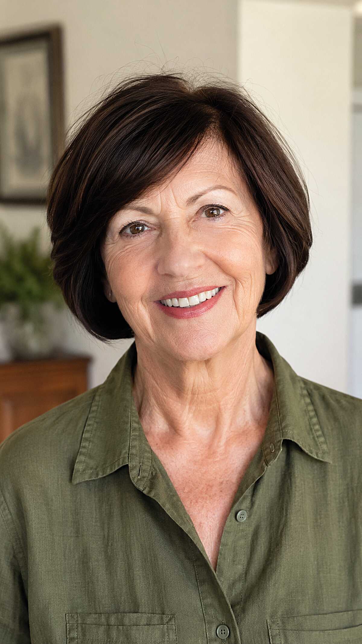 Dark Brunette Rounded Bob with Side-Swept Fringe