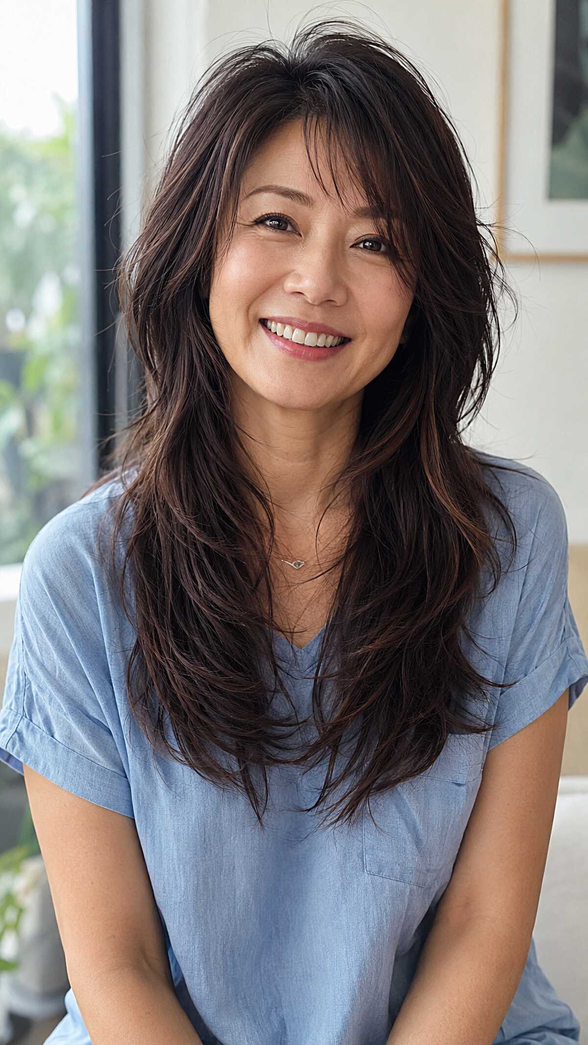 Dark Brunette Wolf Cut with Soft Curtain Fringe and Lived-In Layers