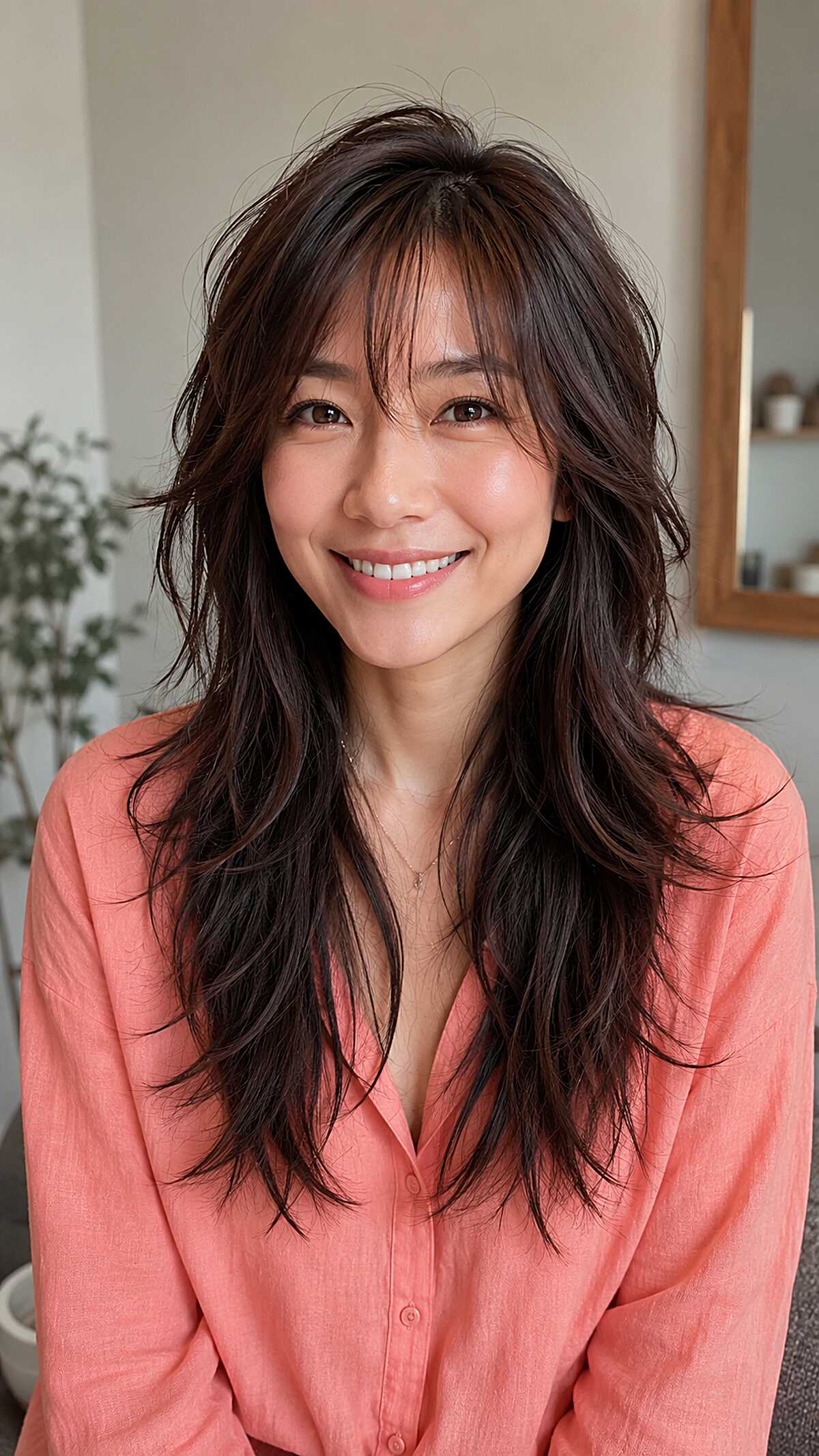 Dark Espresso Wolf Cut with Razored Mid-Layers and Soft Fringe