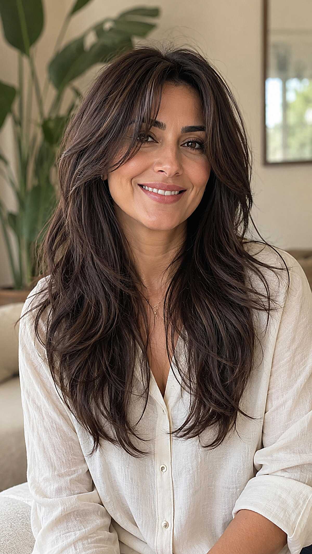 Deep Brunette Wolf Cut with Loose Layered Body and Soft Fringe