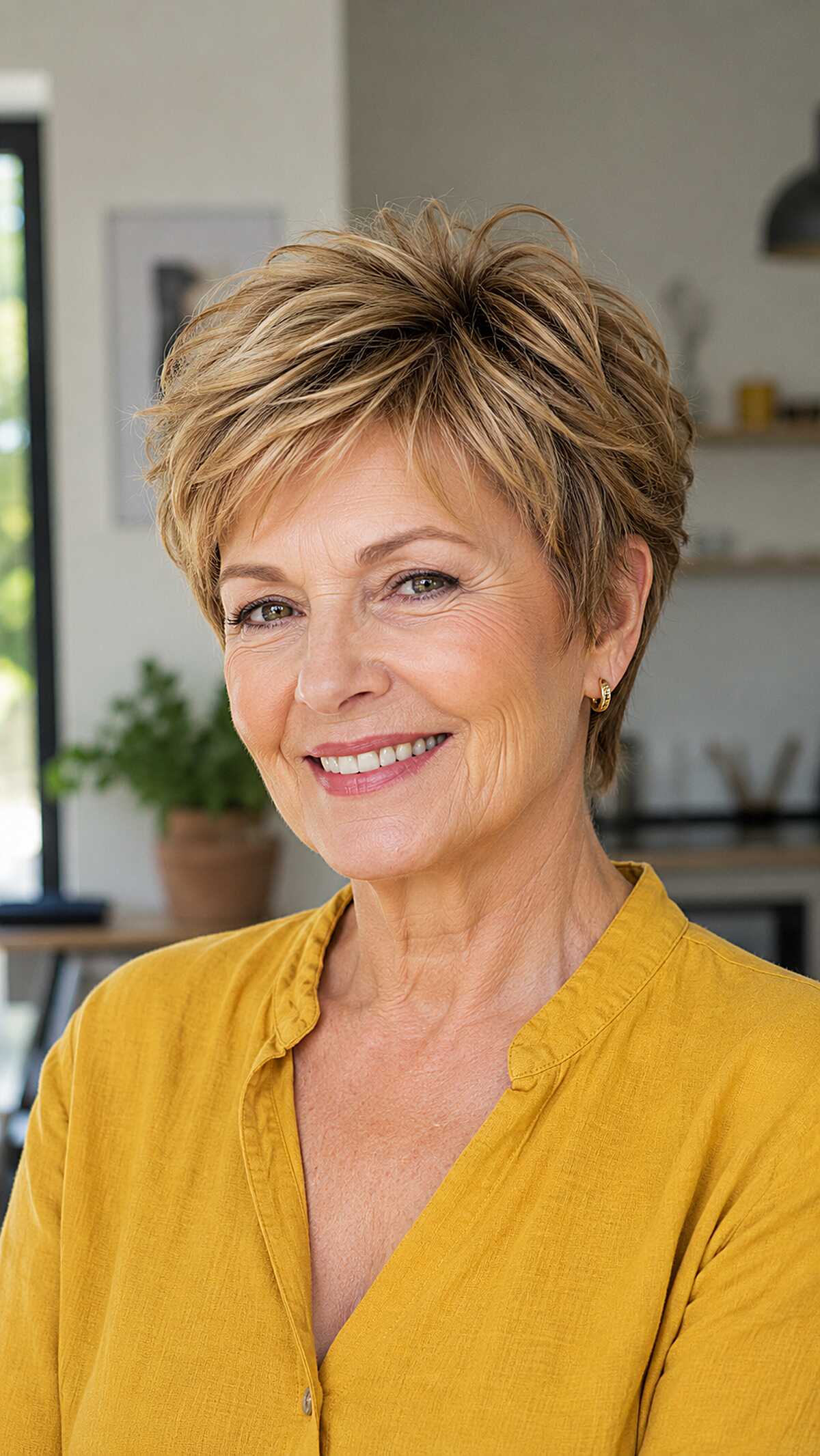 Dirty blonde dimensional pixie with layered lift