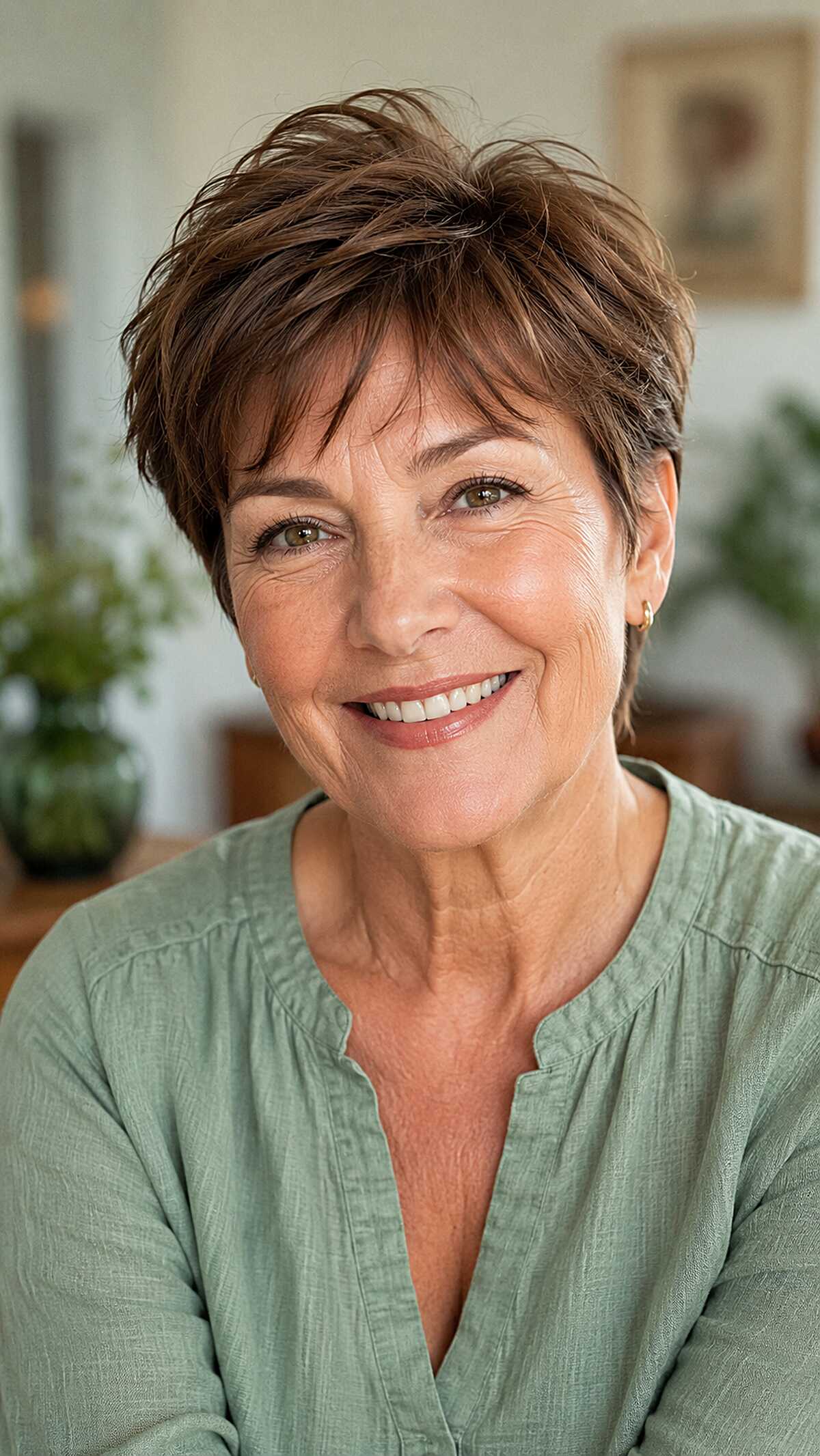Feathered brunette pixie cut with textured layers and lift
