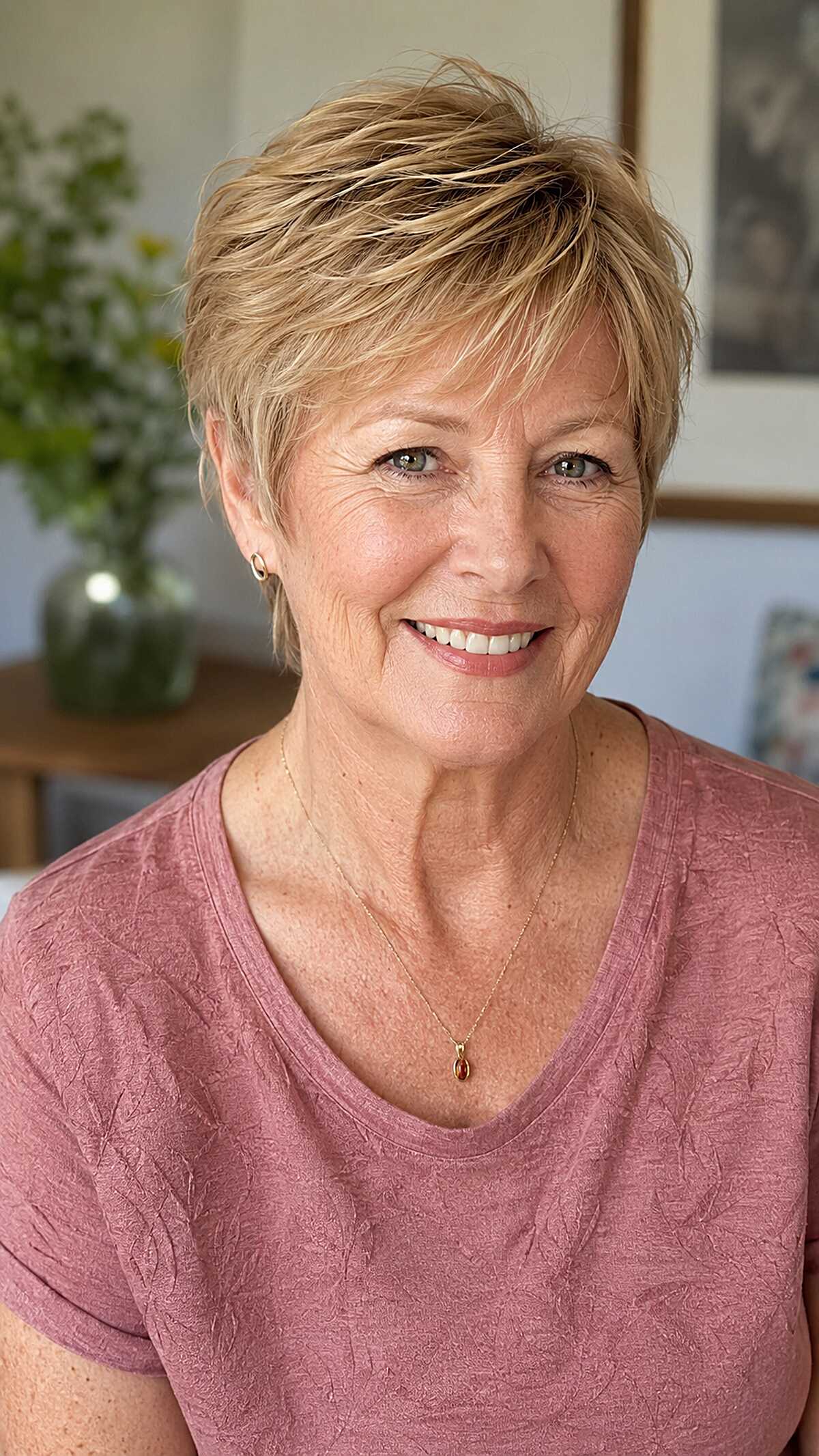 Golden blonde feathered pixie with soft wispy bangs