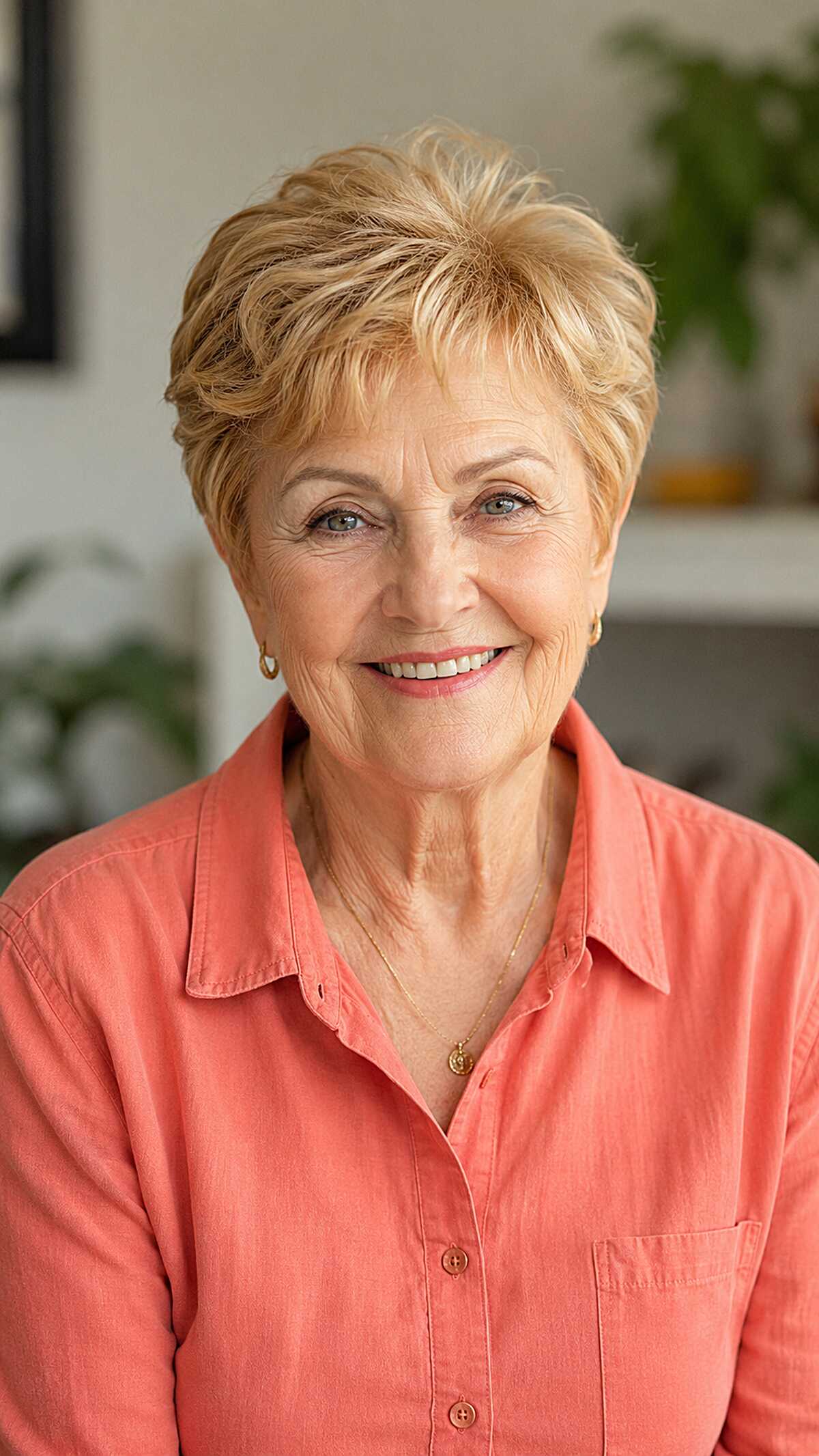 Golden Blonde Pixie with Lifted Crown and Piecy Fringe