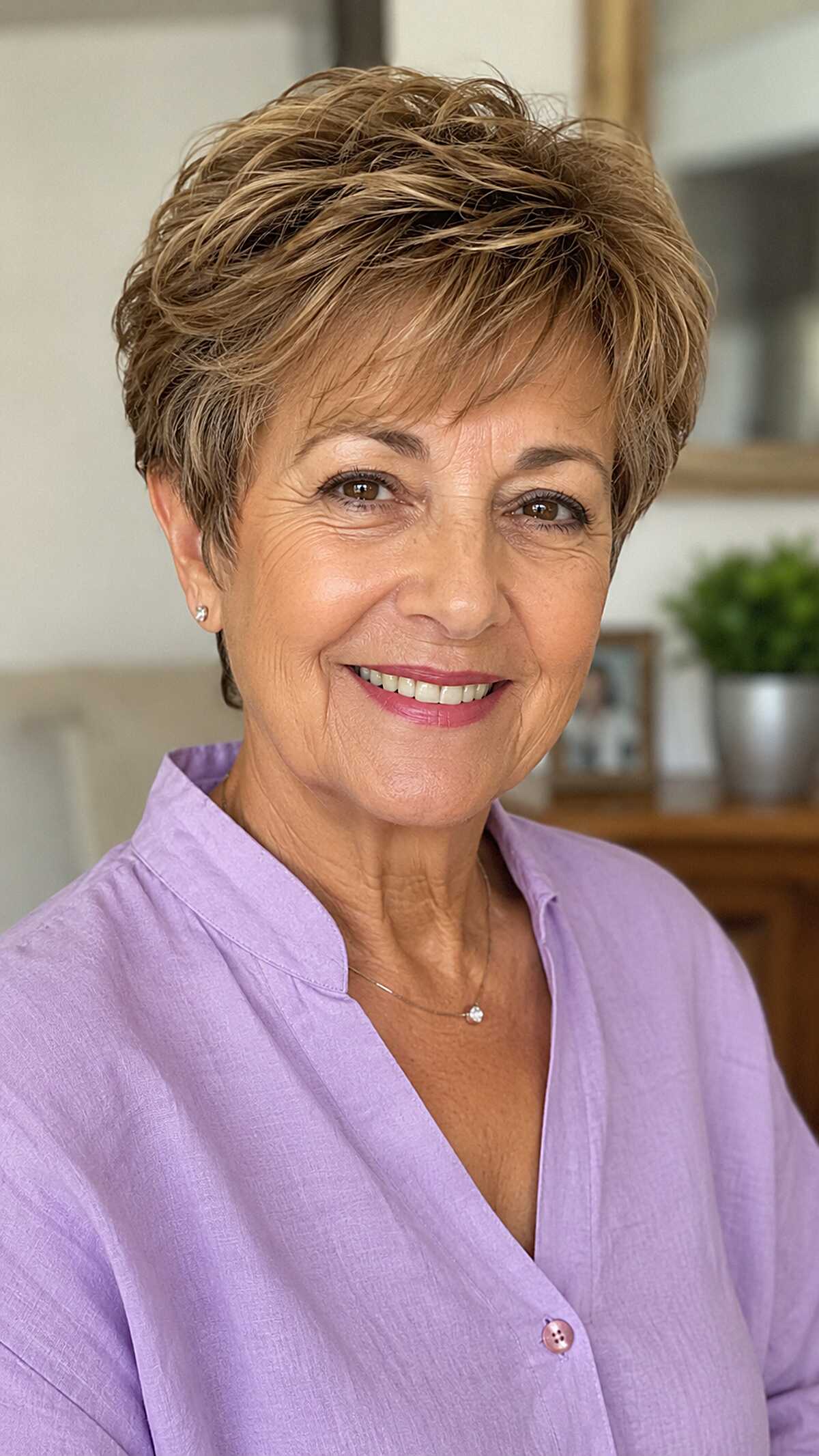 Tousled honey brown pixie with highlights and volume