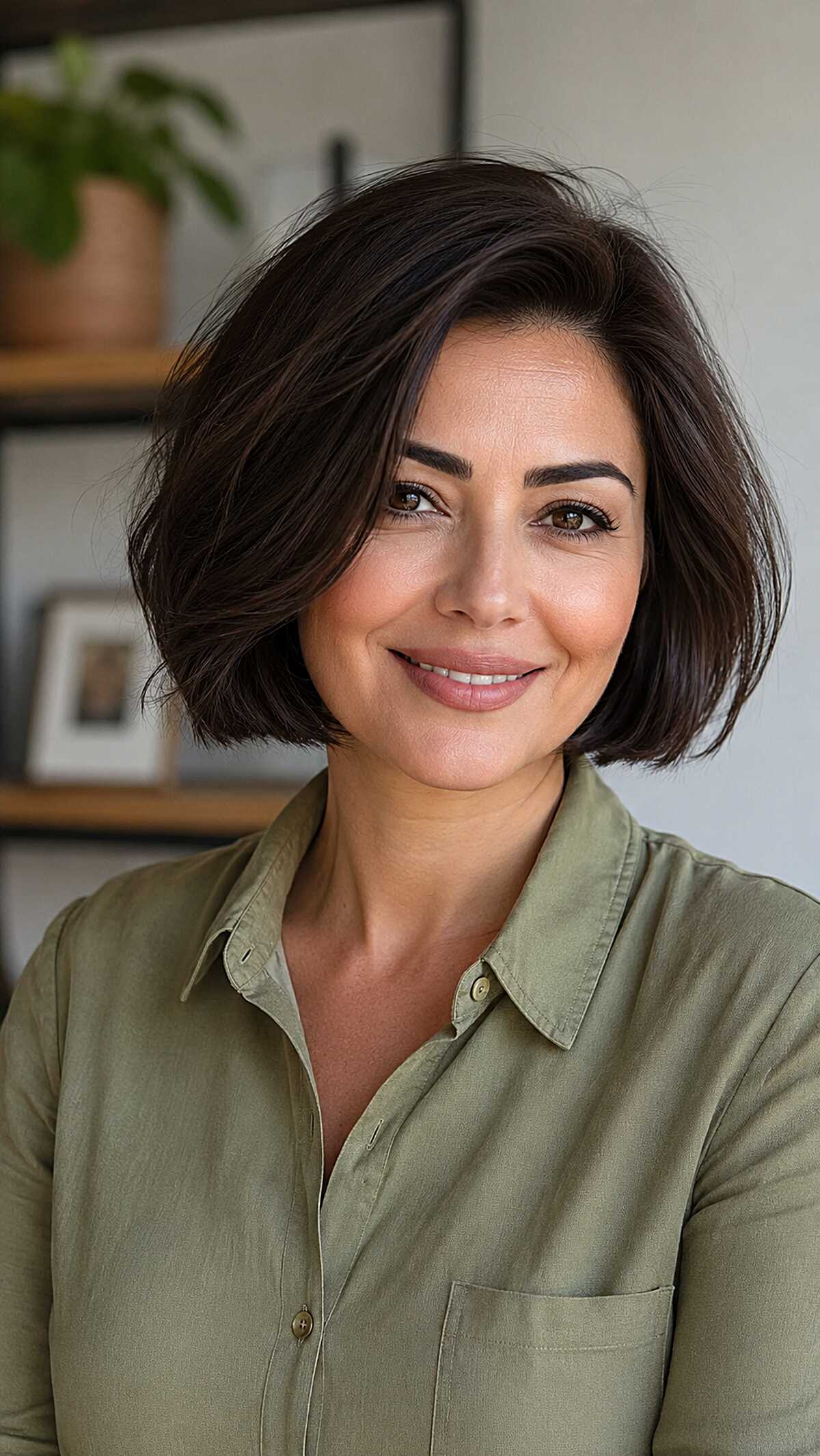 Jaw-Length Dark Brunette Bob with Soft Volume and Tucked Ends