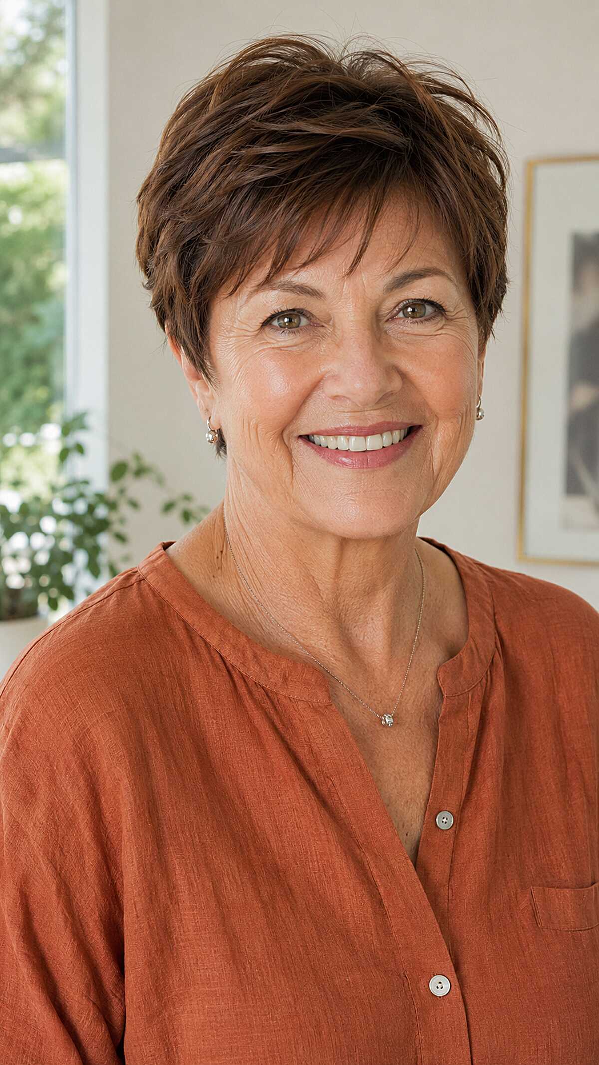 Auburn-toned brunette pixie with soft layered movement